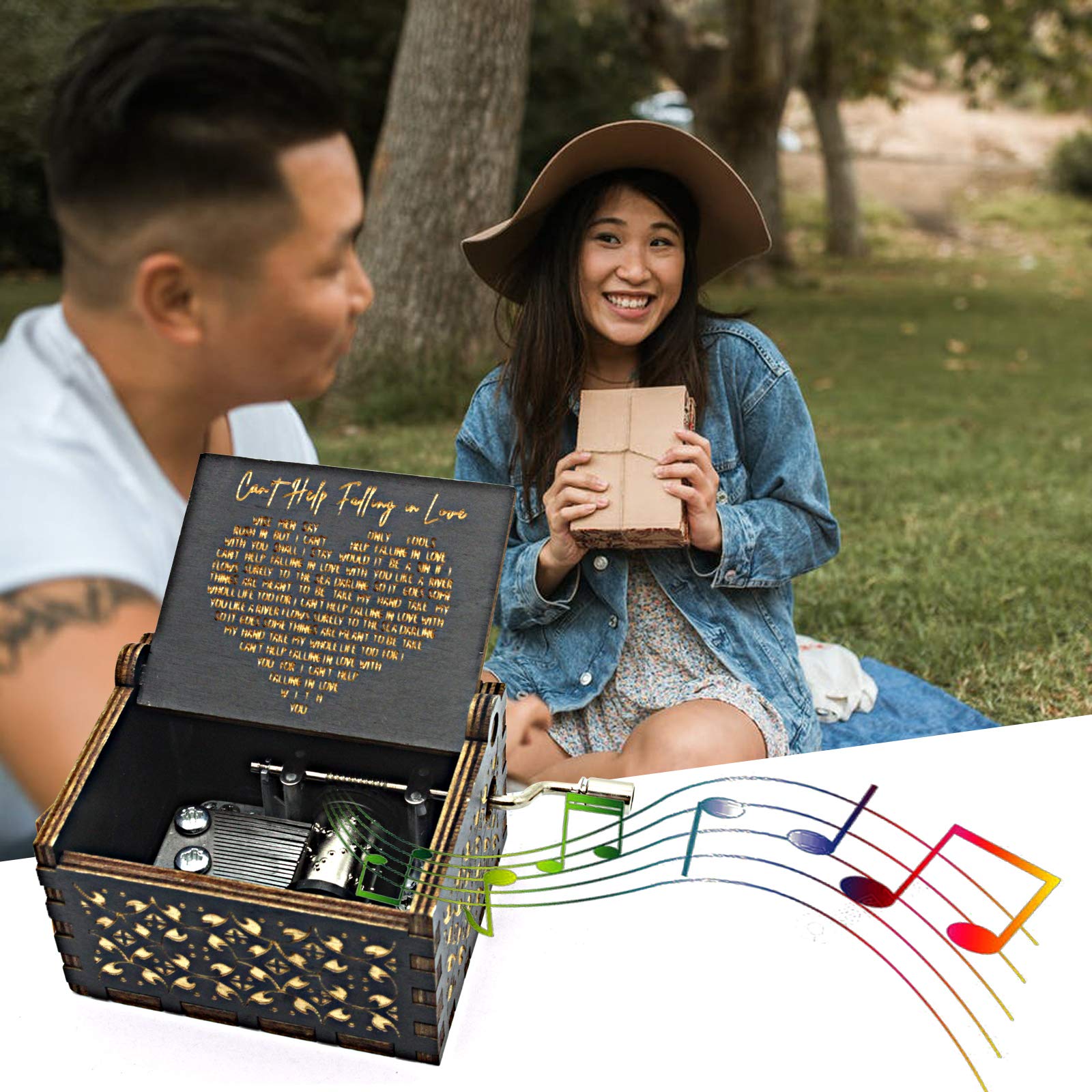 Can't Help Falling in Love Wood Music Box, Antique Engraved Musical Boxes Case for Love One Wooden Music Box - Gifts for Lover, Boyfriend, Girlfriend, Husband, Wife (BLACK)