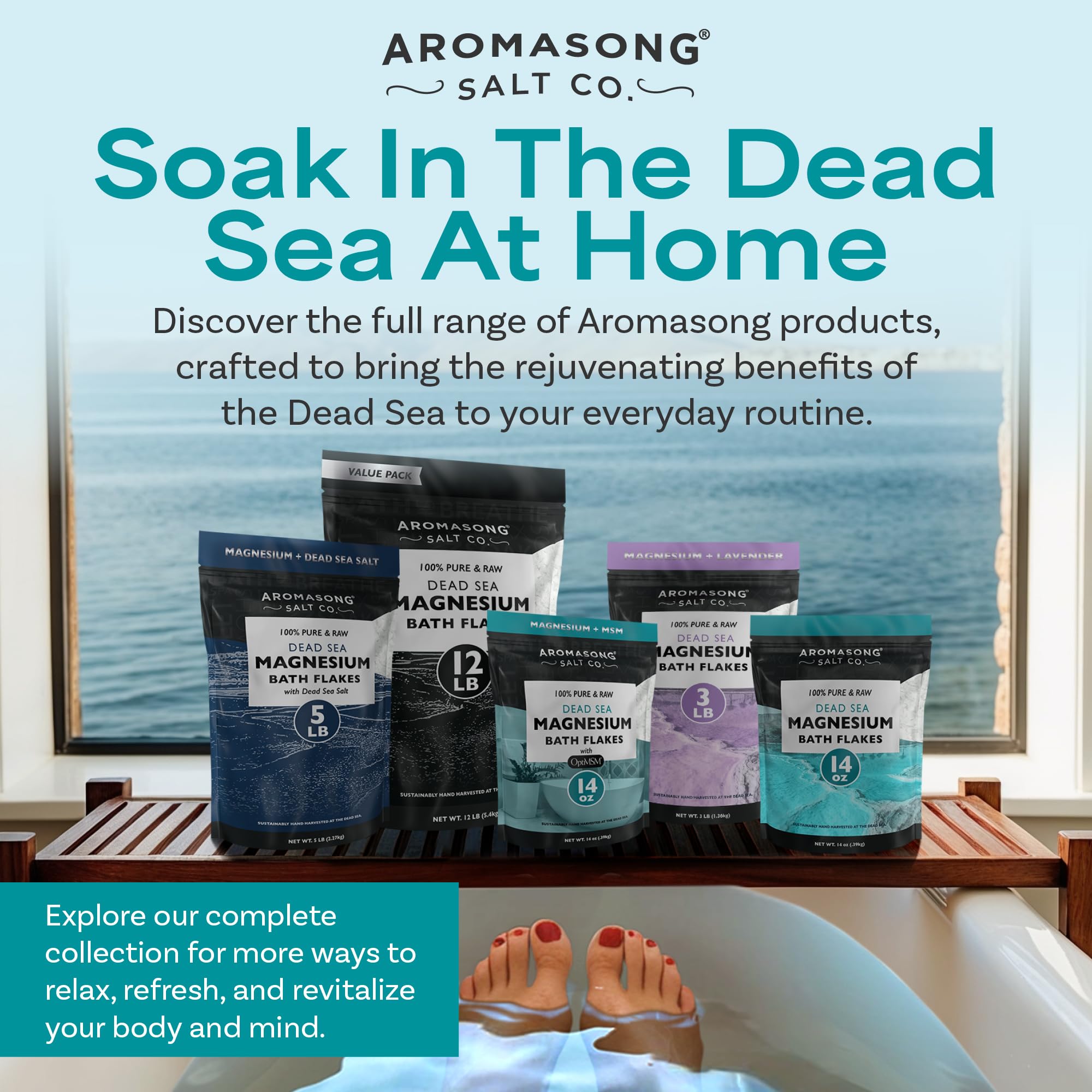 Aromasong Dead Sea Relaxation Bundle: 5 lbs Raw Dead Sea Salt + 3 lbs Magnesium Flakes for Bath Soaks and Skin Care