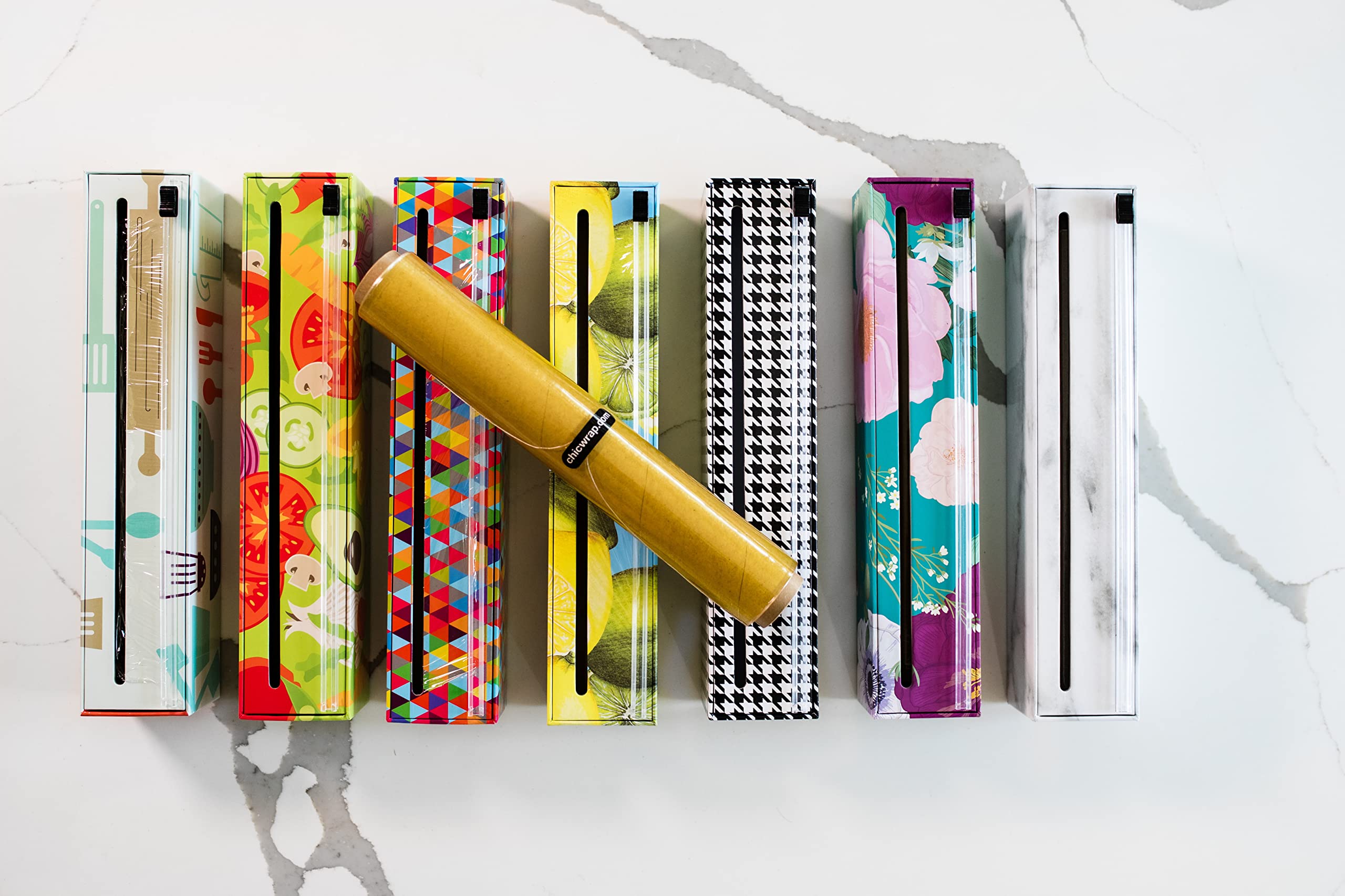 Chicwrap Spring Flowers Refillable Plastic Wrap Dispenser - One 12" x 250' Roll of Professional Grade Plastic Wrap - BPA Free and Kosher Certified - Reusable Dispenser w/Slide Cutter