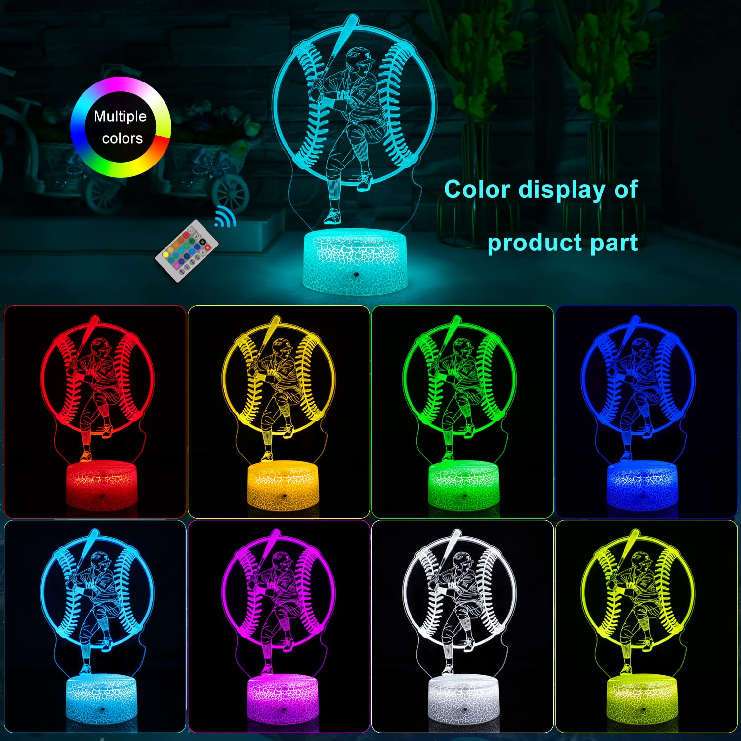 tqyydf Baseball Gift Illusion Night Light for Kids - 16 Colors & Flashing Modes with Remote Control Opreated Dimmable Christmas Birthday Gifts for Boys Girls Kids Children