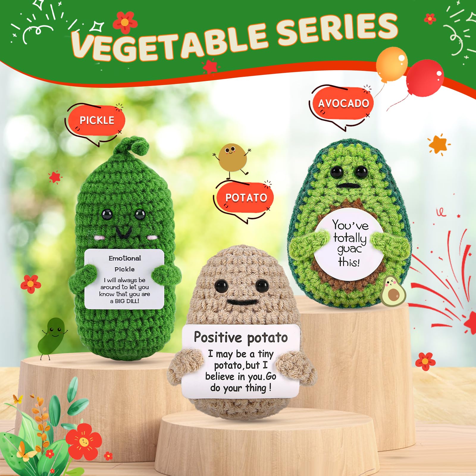 Valentine's Day Gifts for Her Him Emotional Potato Pickle: 3Pcs Funny Crochet Dolls with Cheer Up Cards - Birthday Gifts for Women Friends Coworkers Girlfriend Wife Mom(Potato,Pickle,Avocado)