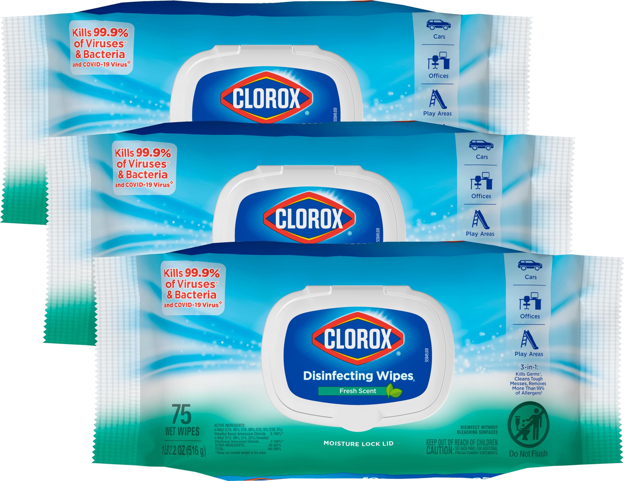 Clorox Disinfecting Wipes, Bleach Free Cleaning Wipes, Household Essentials, Fresh Scent, Moisture Seal Lid, 75 Wipes, Pack of 3 (New Packaging)