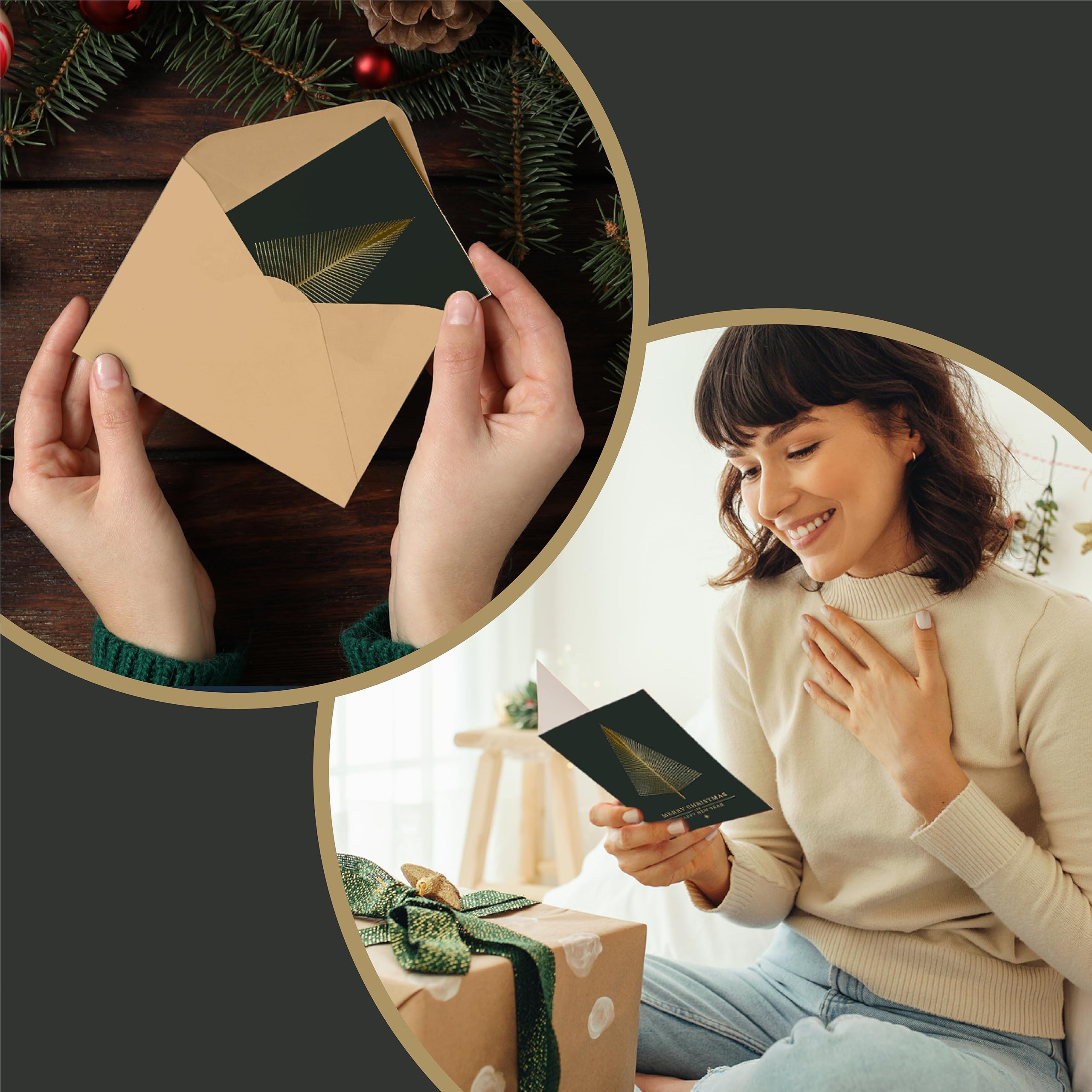 20 Gold Foil Christmas Greeting Cards with Envelopes | Dark Green Col & Embossing on Christmas Tree | 5.75 x 4.25 Inch Merry Christmas Cards with Seal Stickers For Friends , Family and loved Ones