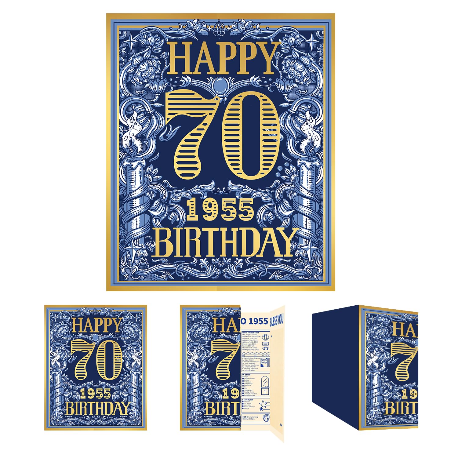 Gcardist 2025 70th Birthday Greeting Card, 70 Years Old Birthday Gift Card,Memory Back In 1955,Vintage Blue Gold（Envelope）