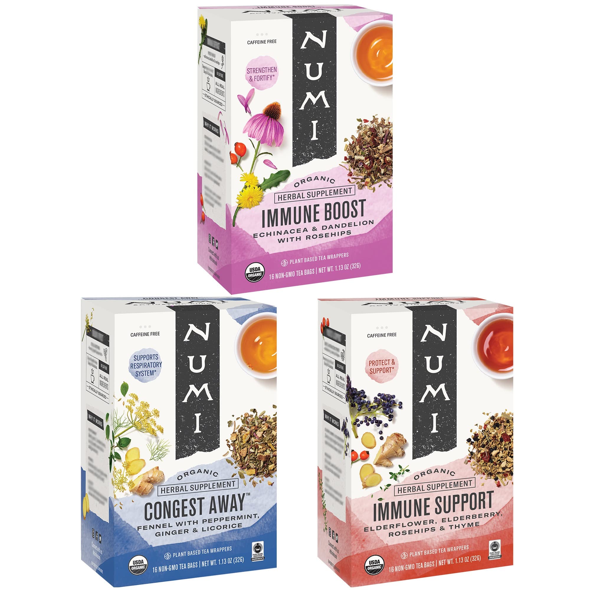 Numi Organic Tea Immunity Variety Pack, 16 Tea Bags (Pack of 3), Elderberry and Echinacea Tea