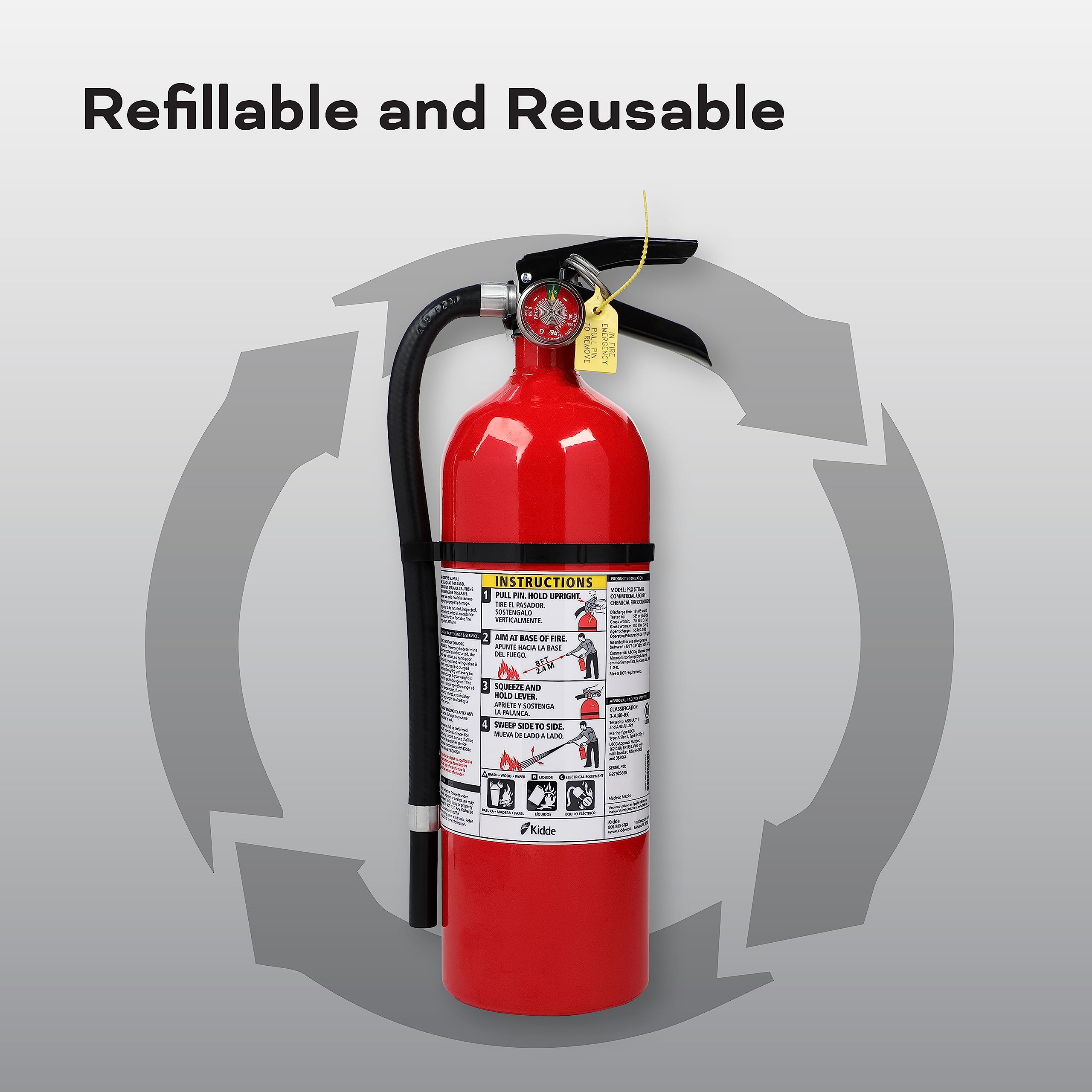 Kidde Fire Extinguisher for Commercial Use, 3-A:40-B:C, 9 Lbs., Refillable & Reusable, Hose & Wall Mount (Included)