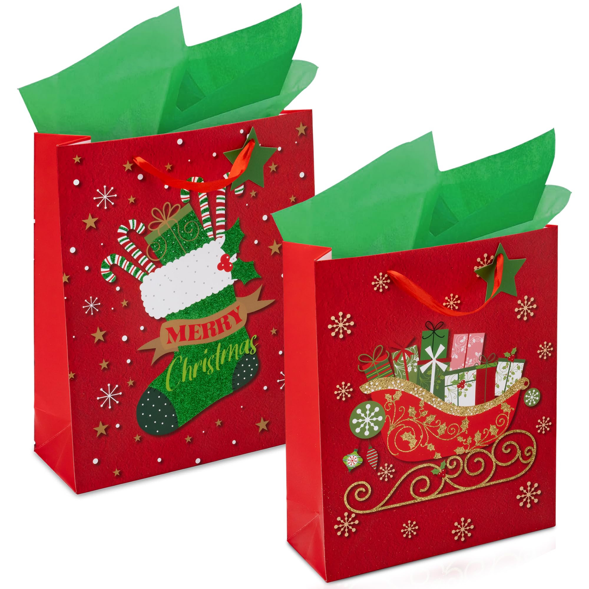 RACHELLE'S Christmas Gift Bags (Medium, 13"x10"x4") - 2 Pack Sturdy Paper Gift Bags with Tissue Paper, Tag and Handle - Ideal Party Favors and Gifting this Christmas Holiday Season