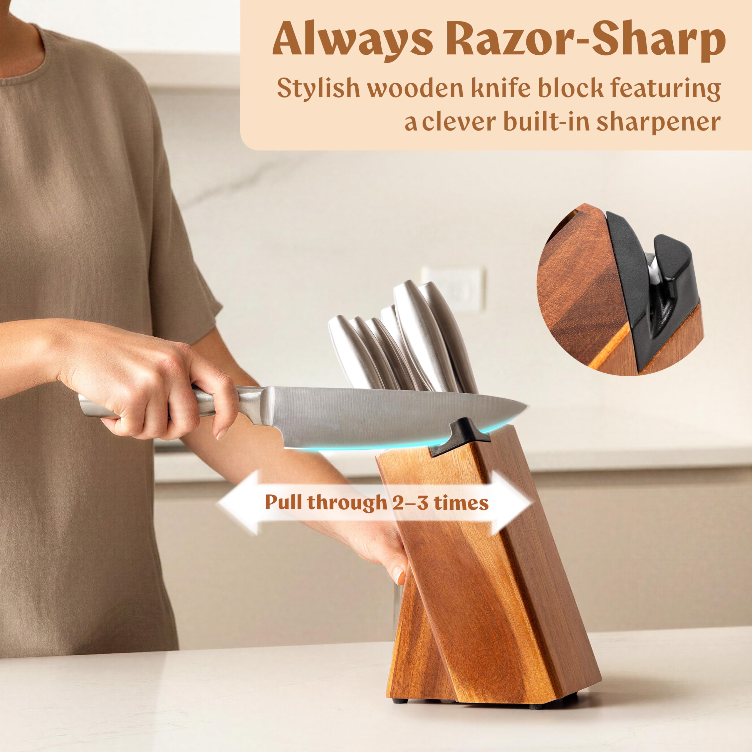 EDELHAUS Knife Set with Block – 9 pcs Stainless Steel Kitchen Knife Block Set - Professional Knife Block with Sharpener and Scissors - Kitchen Knife Set with Acacia Wood Block & Steel Handles