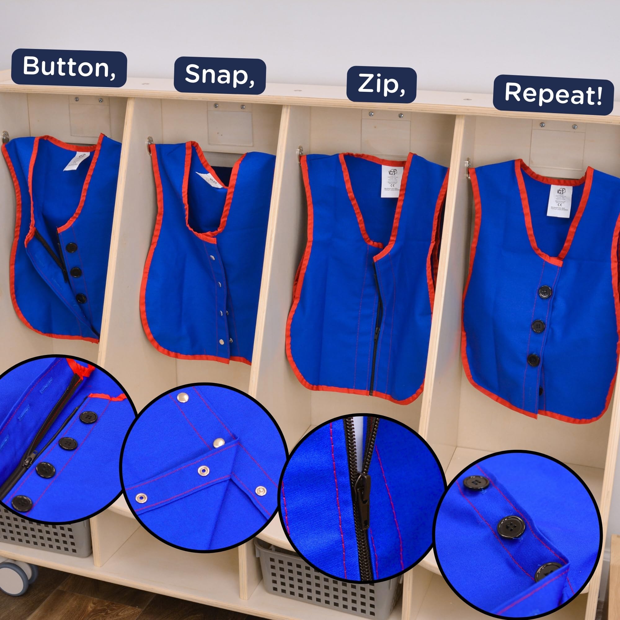 Children's Factory Snap, Button, Zipper Manual Dexterity Learning Vests for Toddlers Ages 3+ Years, Set of 4, Blue, Kids US