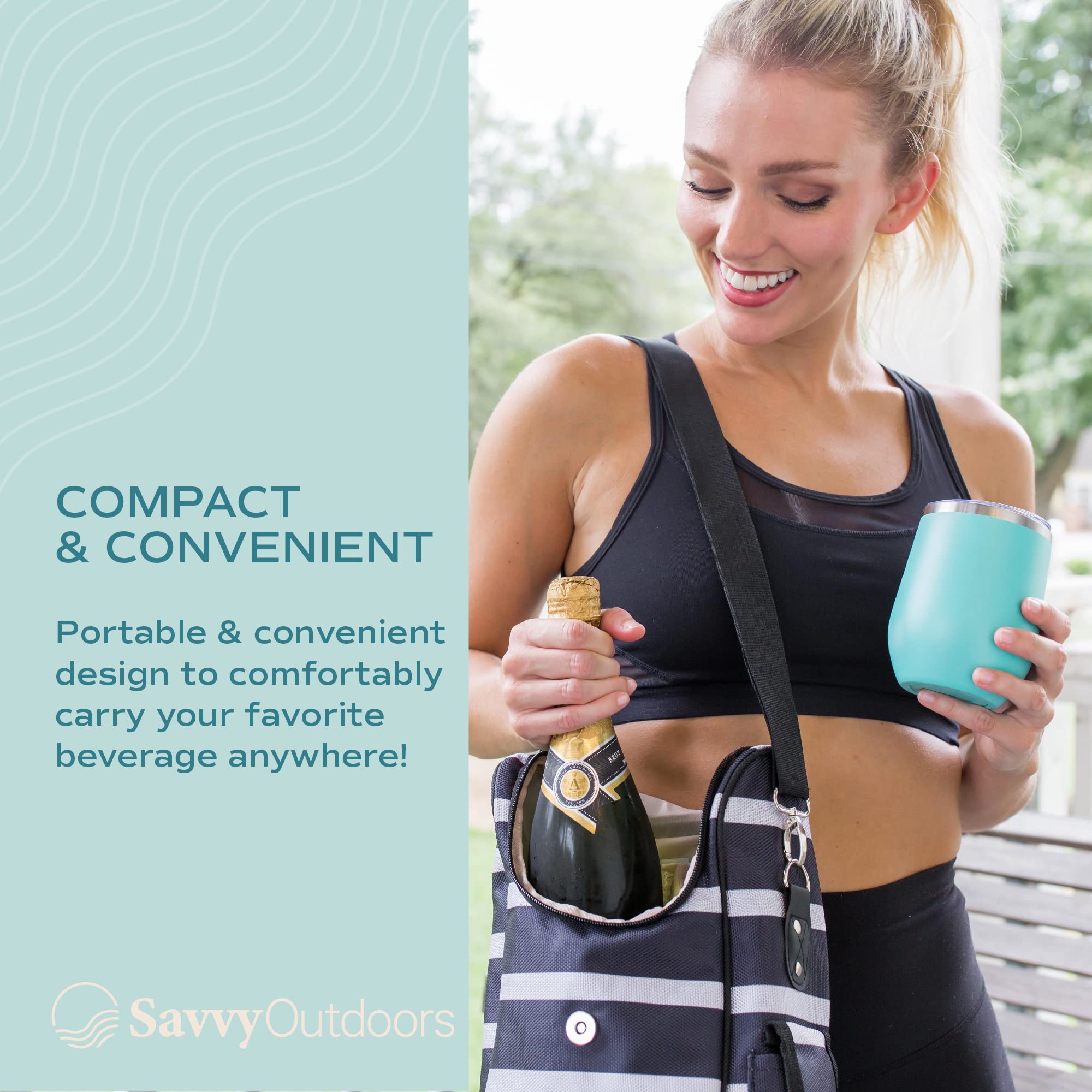 Savvy Outdoors Insulated Wine Tote Bag with Stemless Glasses & Exterior Pouch - Foldable Wine Carrier & Portable Cooler