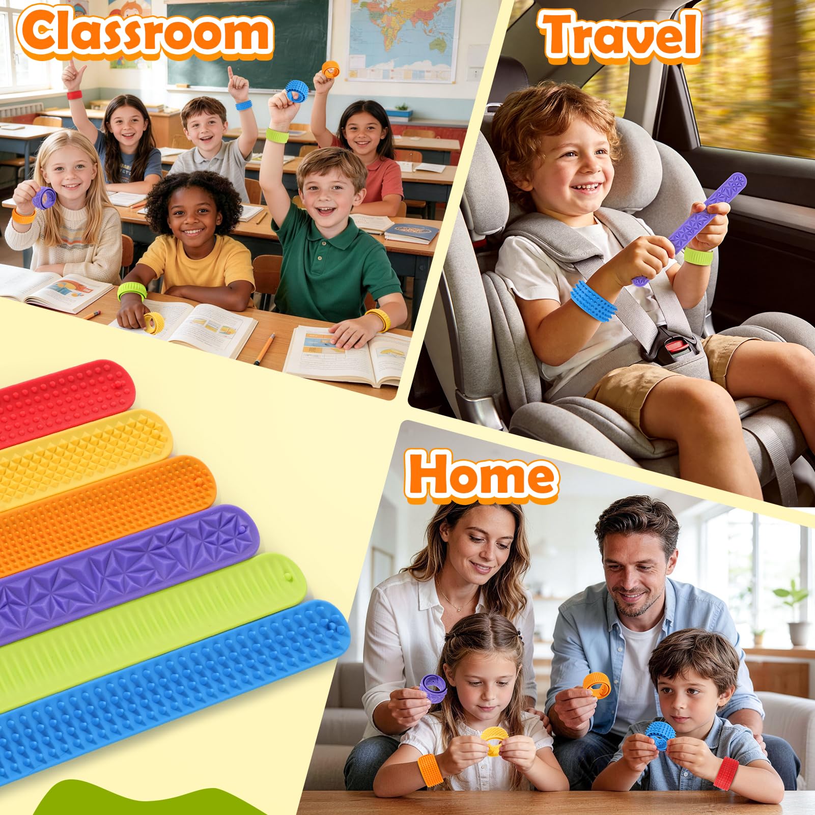 Sensory Fidget Toys for Kids: Textured Silicone Slap Bracelets 6 Pack, Stress Relief Fidgets for Autism ADHD, Wearable Sensory Toys for Adults Office Desk, Calm Down Travel Airplane Toys
