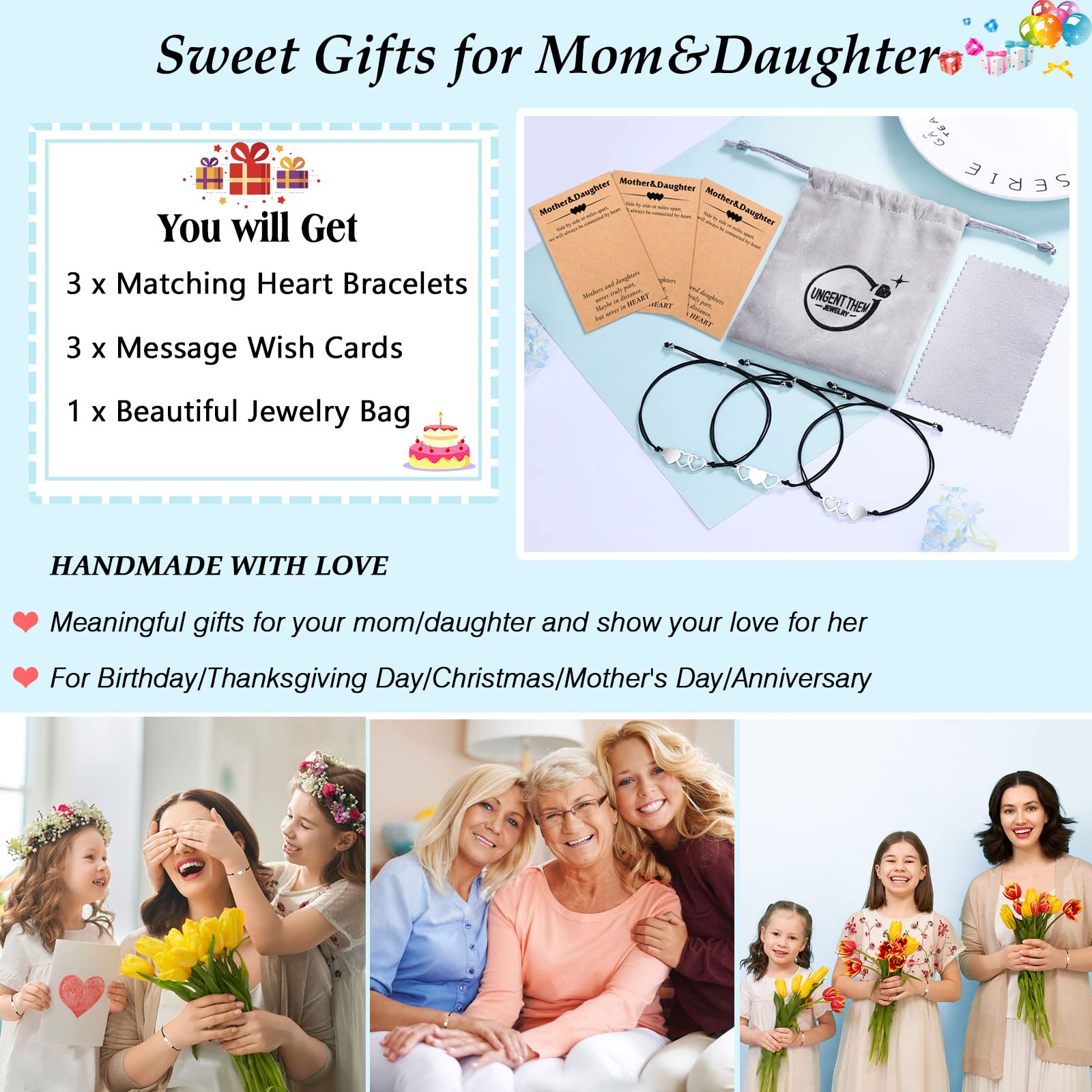 UNGENT THEM Back to School Stuff Mommy and Me Mother Daughter Bracelets Daughter Gifts from Mom First Day of School Bracelet Birthday Christmas Valentine's Day Gifts for Kids Girls