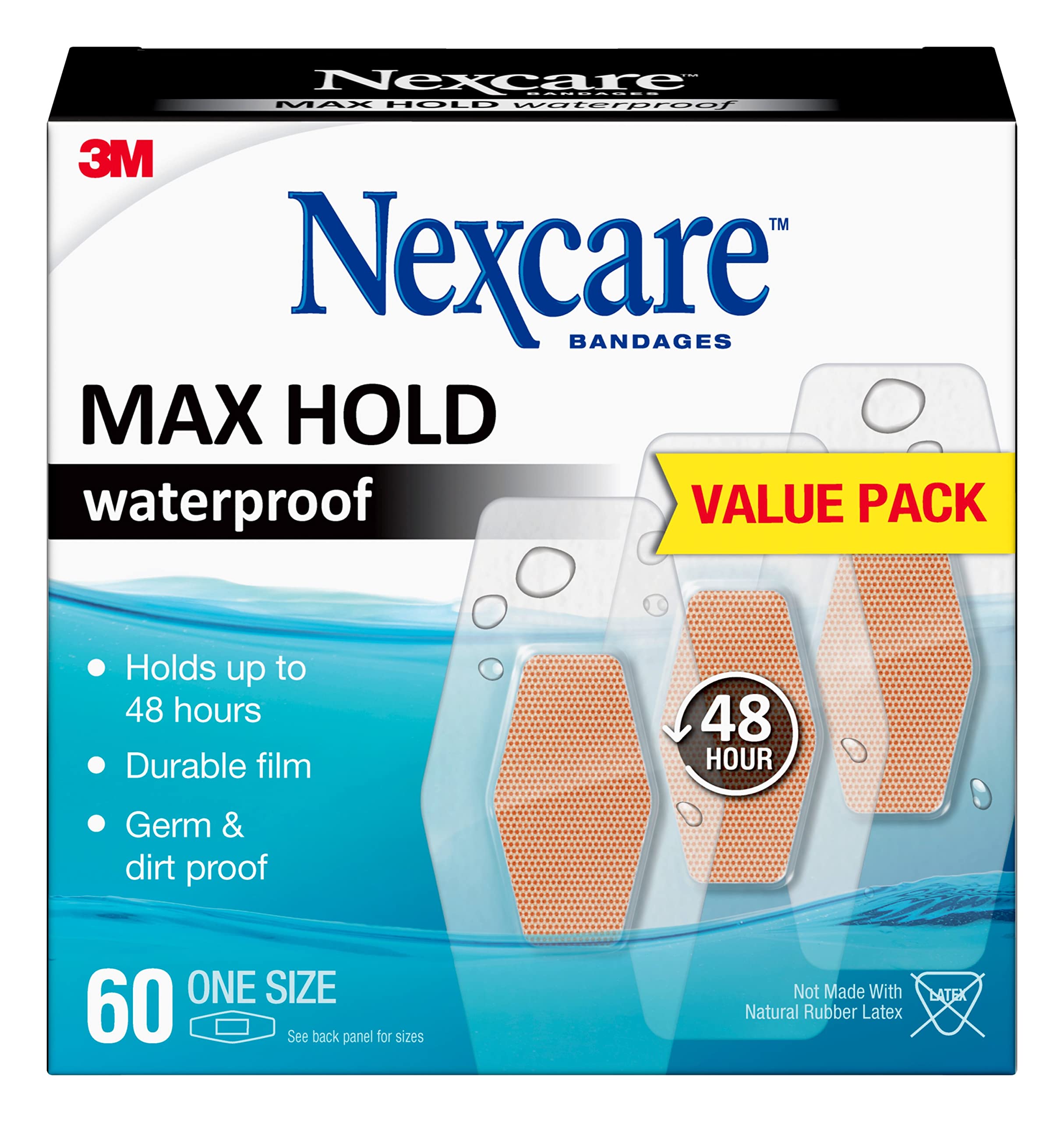 Nexcare Max Hold Waterproof Bandages, Helps Waterproof, Dirtproof, And Germproof Your Wounds, 1.25 x 2.5 in, 60 Count