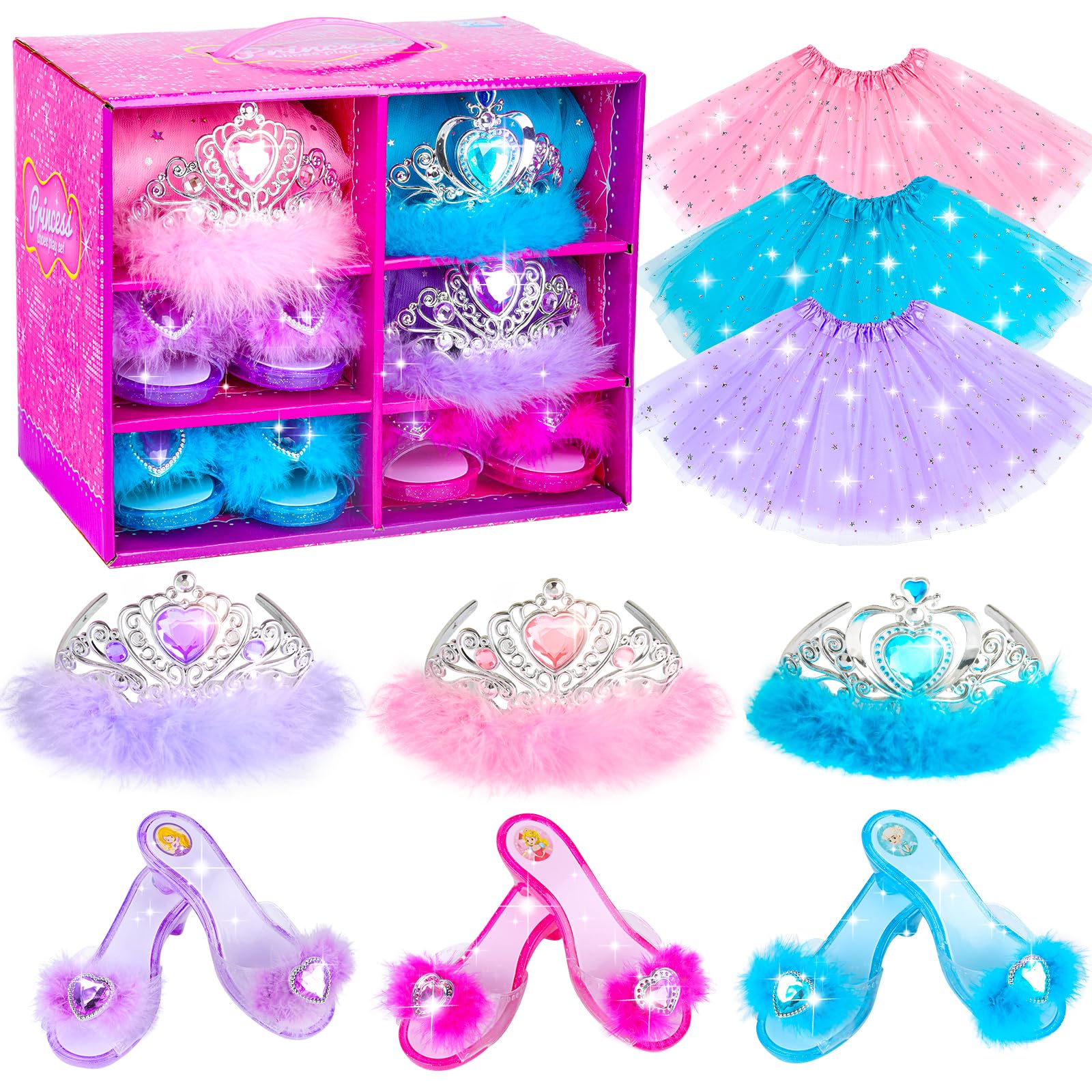 BIBUTY Princess Dress Up Shoes , Dress Up Clothes Pretend Play Costumes-3 Sets of Princess Shoes, Dresses and Crowns, Princess Accessory Toys for 3-6 yr Girl Birthday Gifts