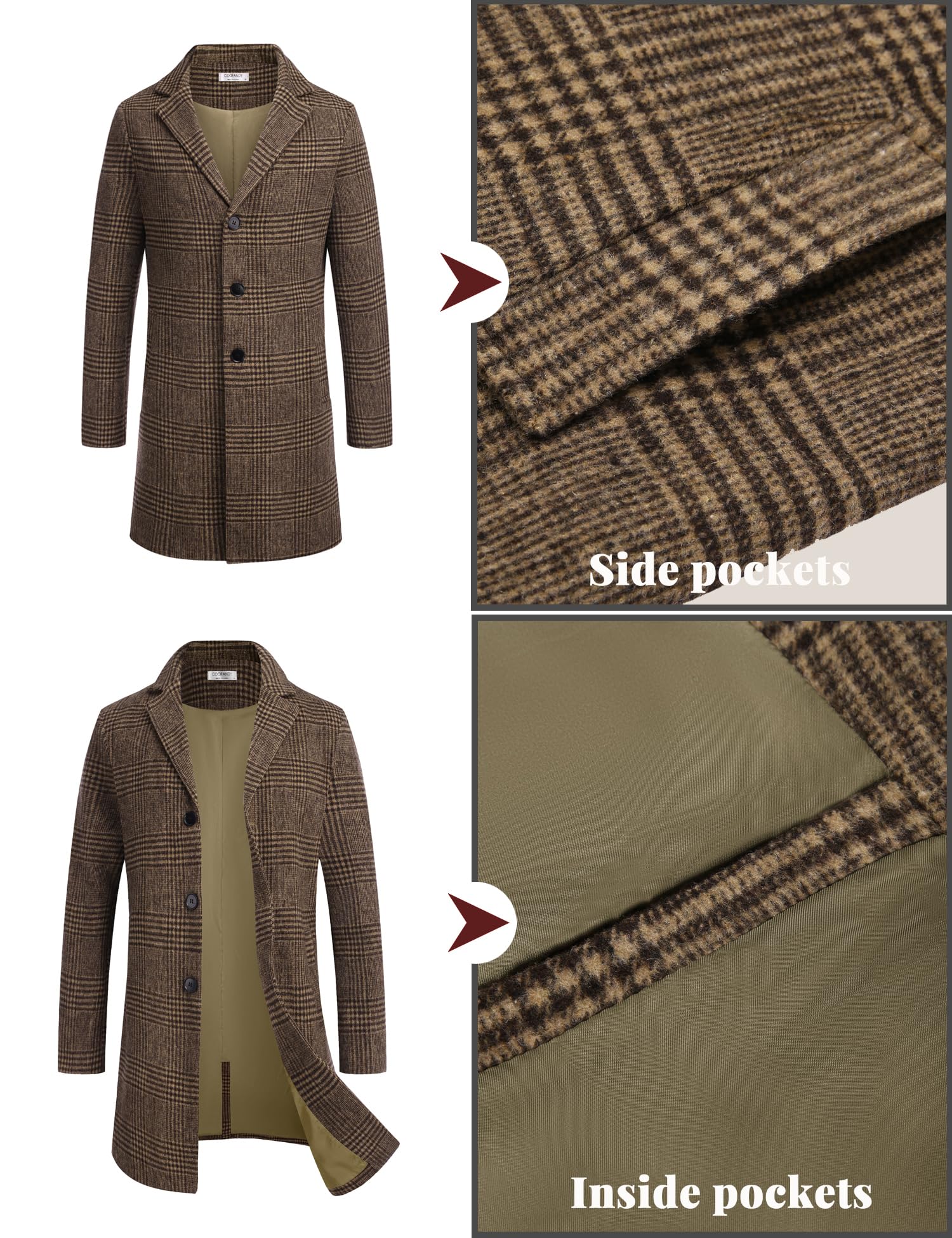 COOFANDY Men's Coat Plaid Coat Big And Tall Men's Winter Coats Men's Top Coat Notch Lapel Brown Coat Men Brown Plaid L