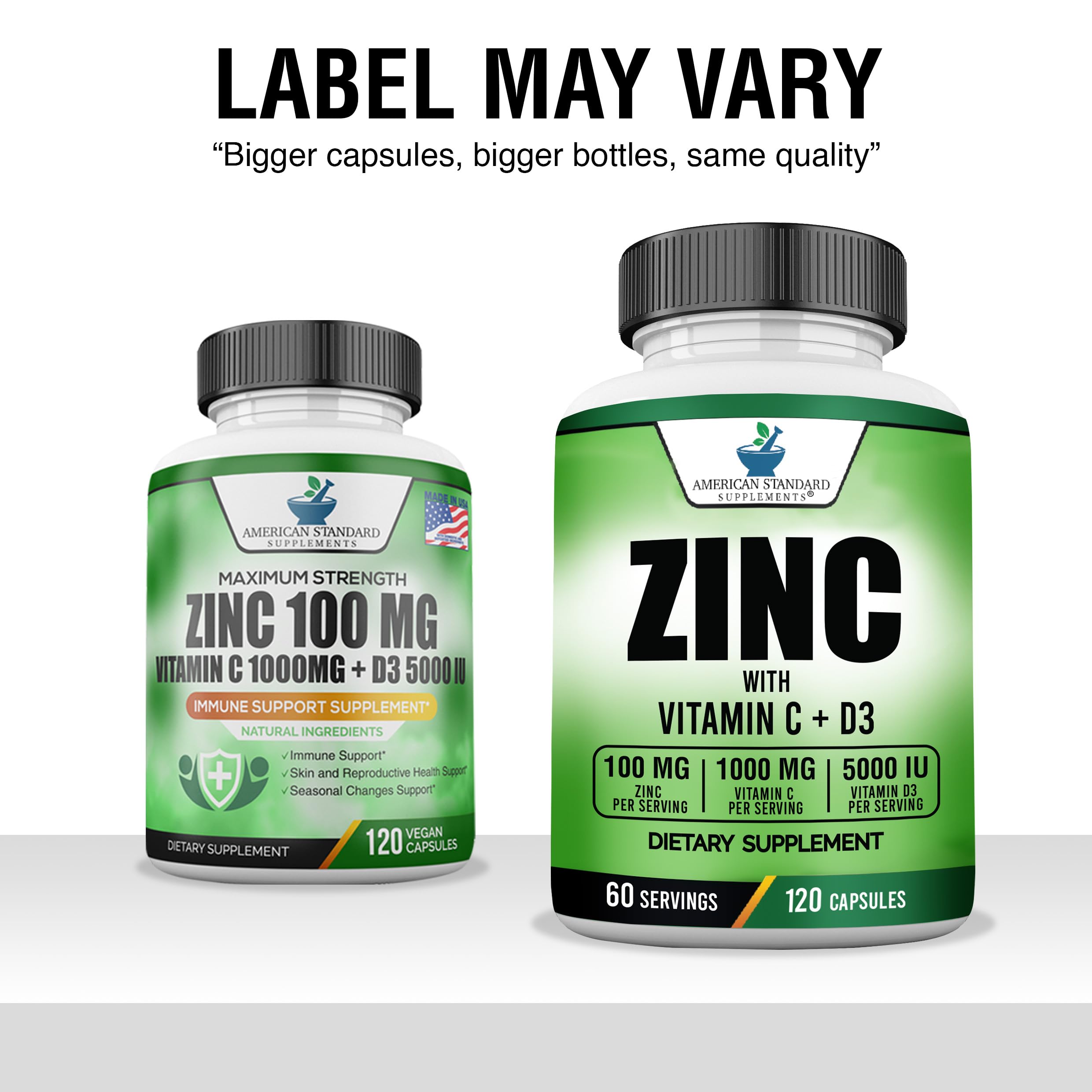 American Standard Supplements Zinc 100mg, Vitamin C 1000mg, and Vitamin D3 5000 IU (125mcg) Per Serving - Gluten Free, Non-GMO, 120 Capsules, 60 Servings