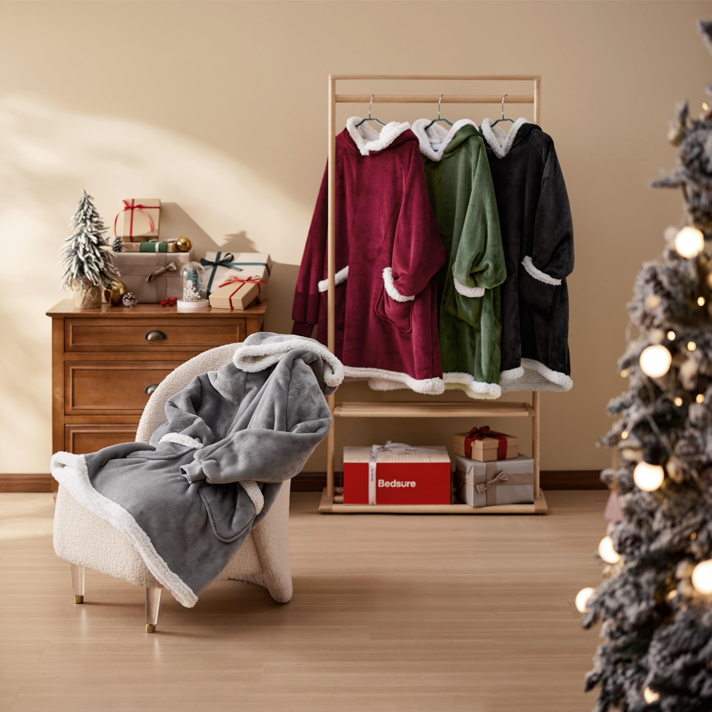 Bedsure Wearable Blanket Hoodie for Adult & Kids - Sherpa Blanket Hoodie as Gifts for Mom Women, Cozy Sweatshirt Blanket, Grey, Standard