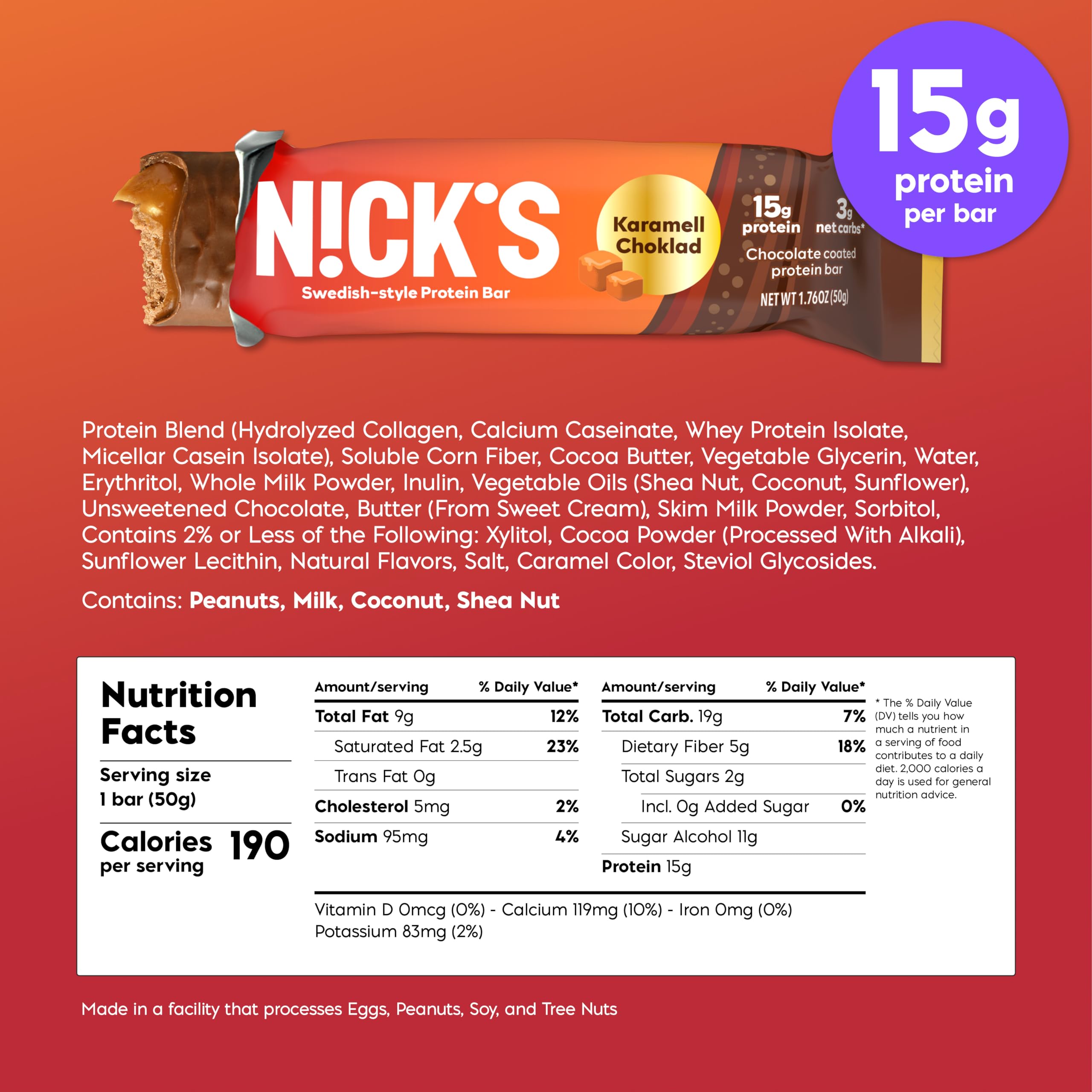 Nick's Protein Bars Variety Pack | 15g protein | 190 calories | Low Carb Keto Friendly Snacks No Added Sugar (Multipack 12 bars x 50g)