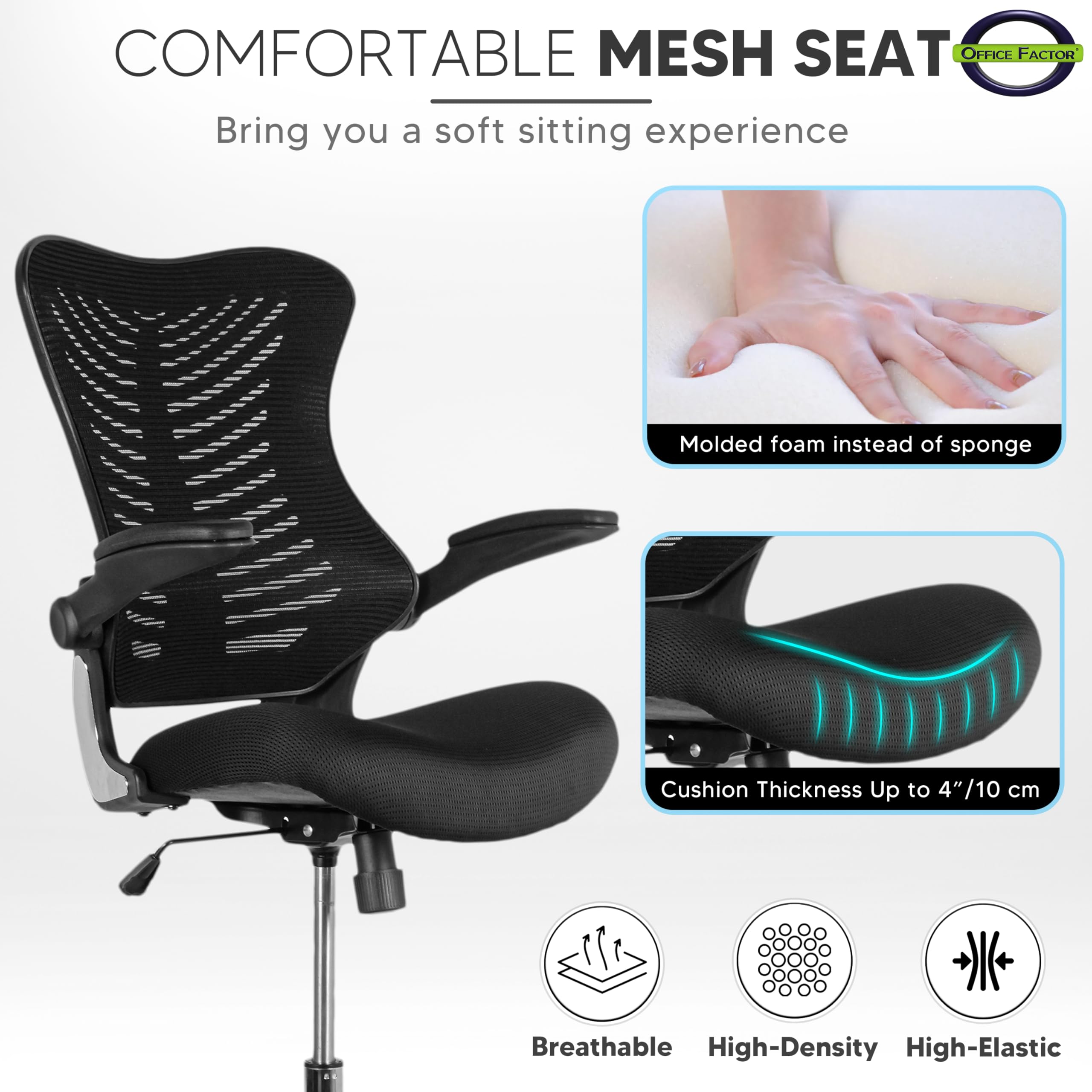 OfficeFactor Ergonomic Drafting Chair Tall Office Chair Standing Desk Chair Flip up Armrests Molded Foam Seat with Adjustable Footrest Ring Lumbar Support (Black MESH Fabric)