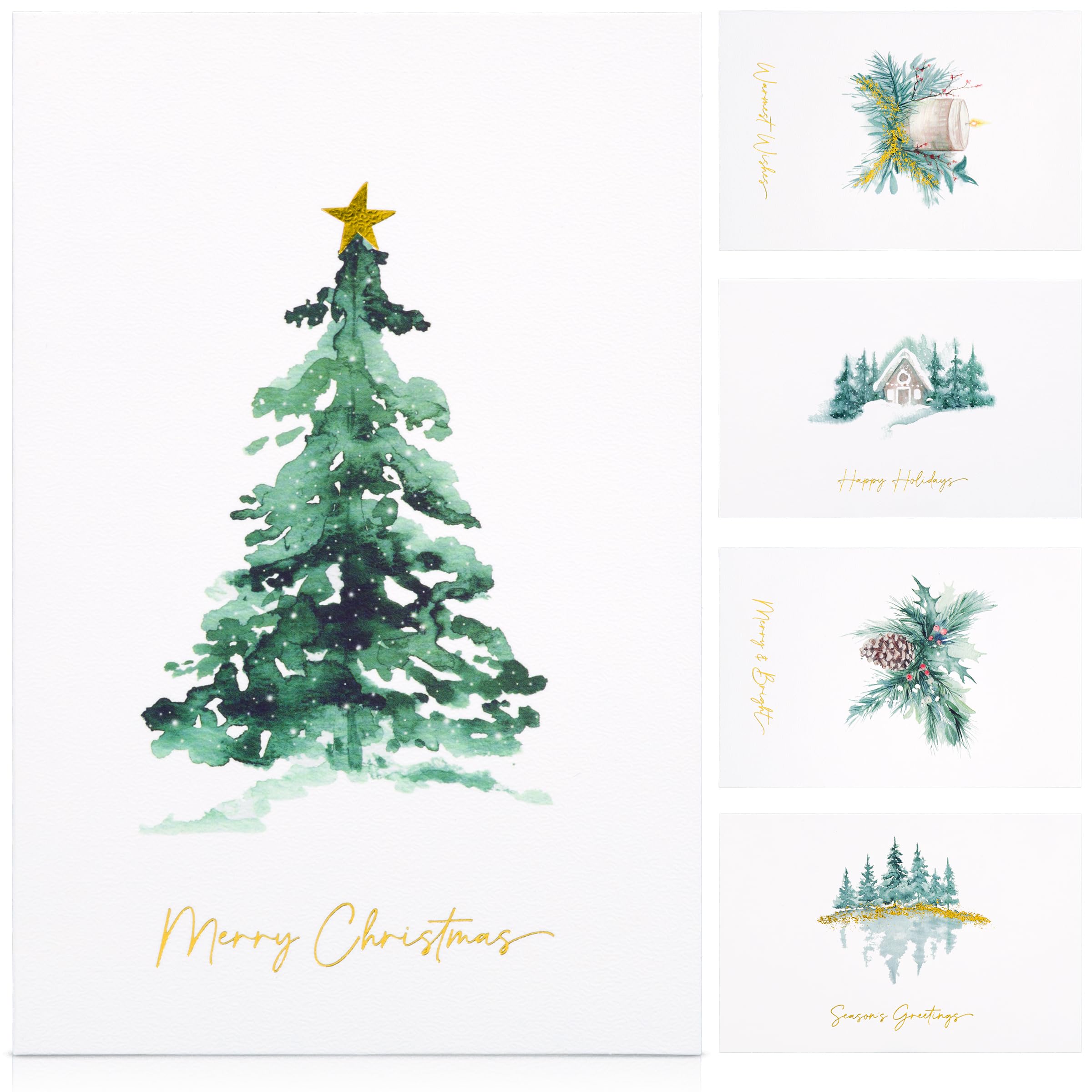 ZICOTO Beautiful Christmas Cards Set of 20 with Watercolor Designs - Incl. Bulk Envelopes, Matching Stickers And Storage Box - Perfect to Send Warm Holiday Wishes to Friends and Family