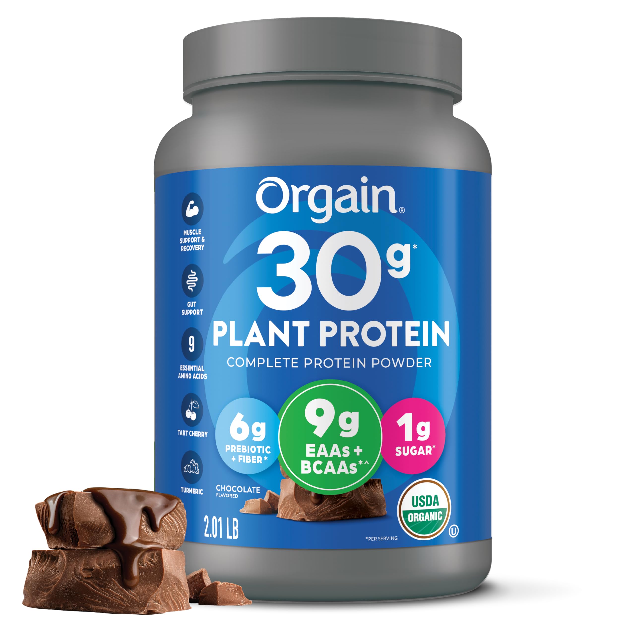 Orgain Organic 30g Vegan Protein Powder, Chocolate 9g EAAs + BCAAs, Plant Protein, 6g Prebiotic + Fiber, 1g Sugar, Pre-Workout, Muscle Support + Recovery - 2.01lb (Packaging May Vary)