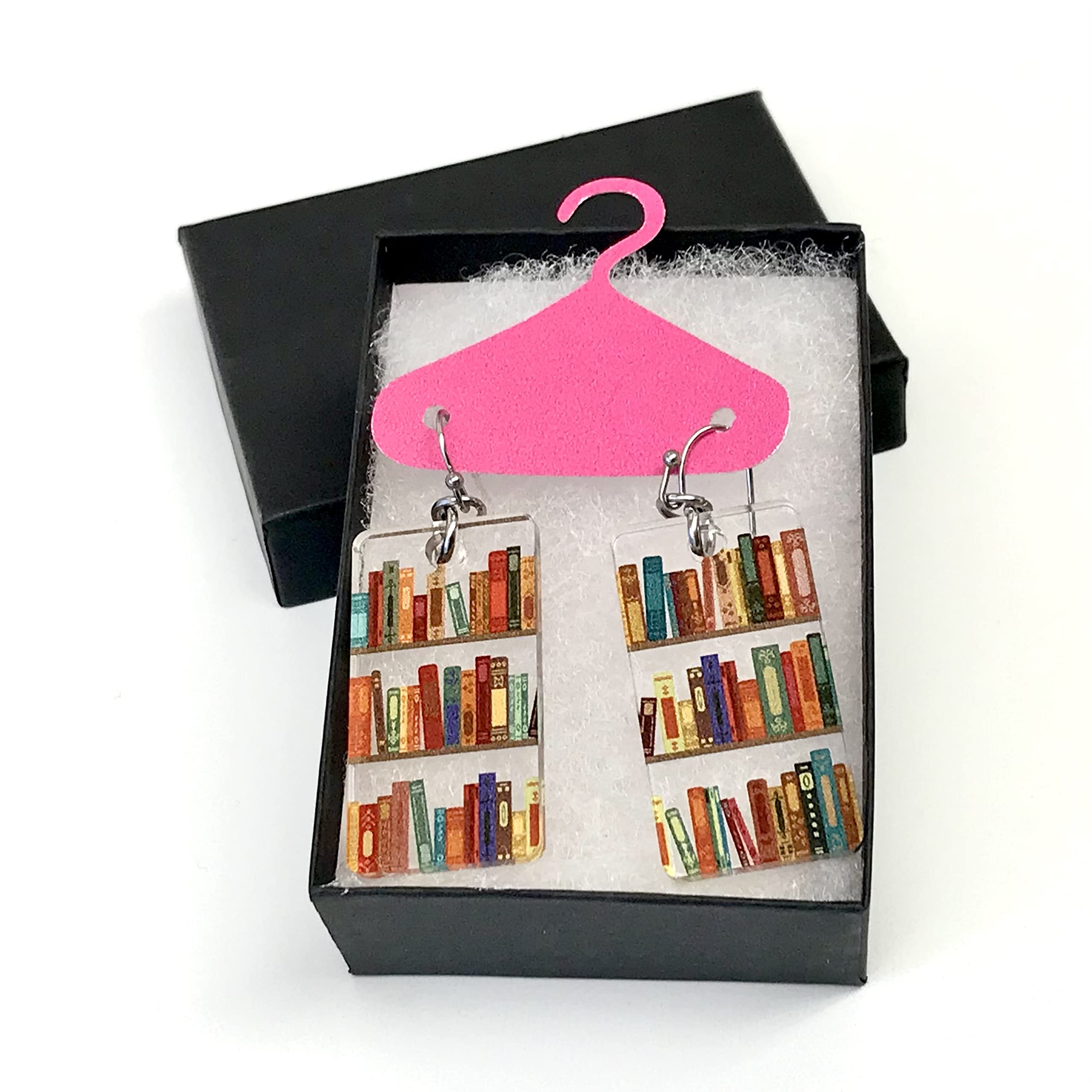 Bookcase Dangle Earrings with Book Shelves Patterned Acrylic