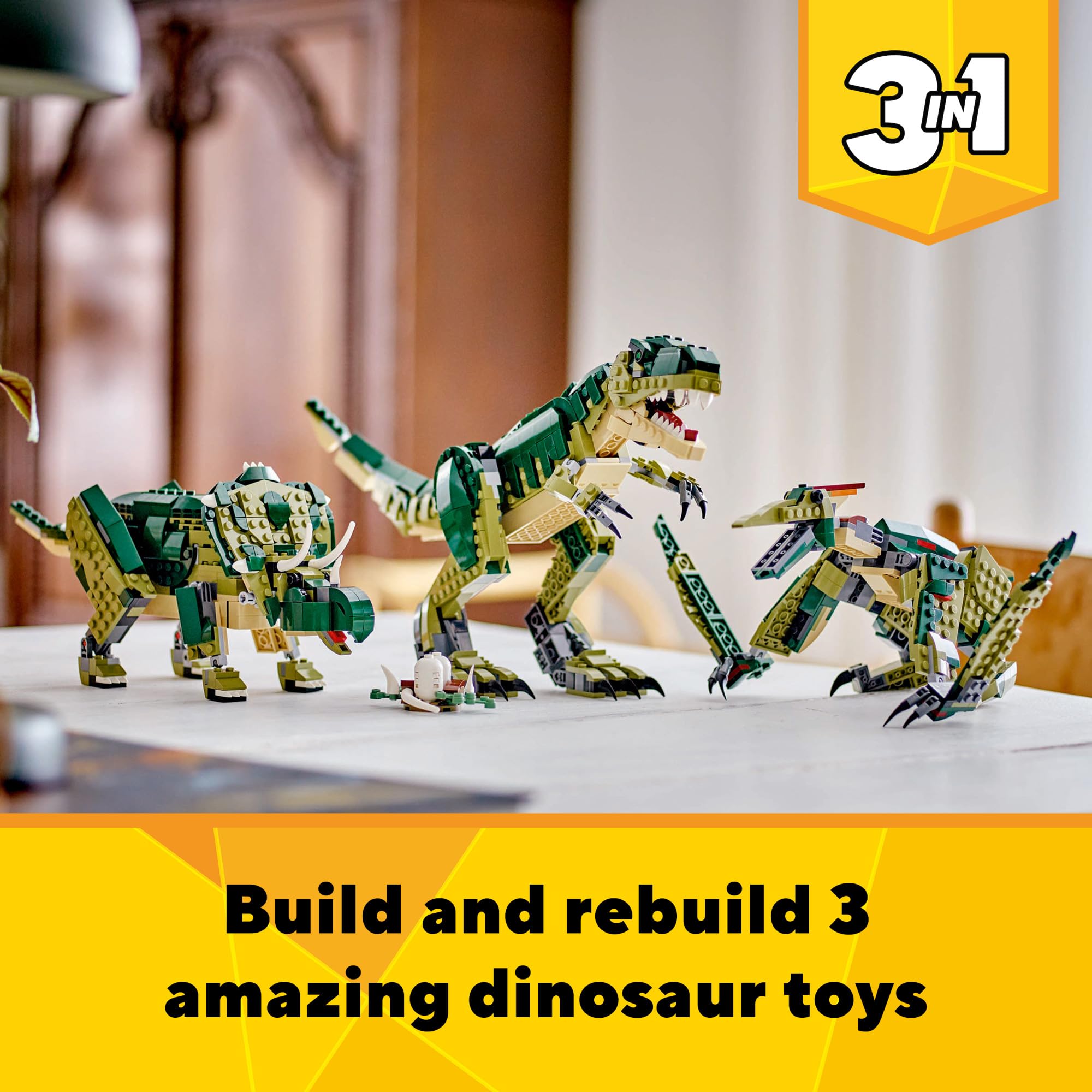 LEGO 3in1 T Rex Toy - Dinosaur Toy Building Set for Kids, Boys & Girls, Ages 9+ - 3 Building Options, Transforms from T-Rex to Triceratops to Pterodactyl - Gift Idea for Christmas, Birthdays - 31151