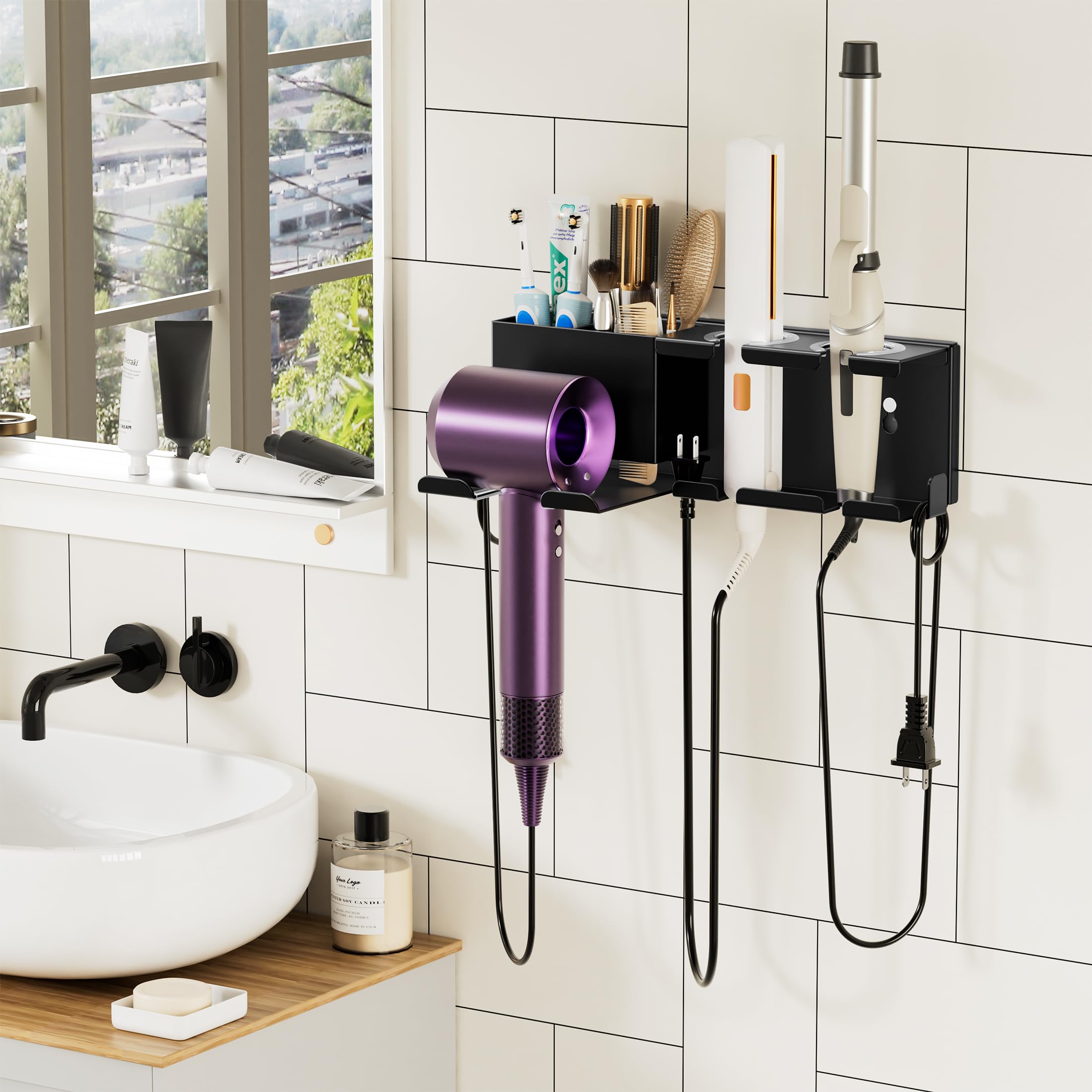 BOIVSHI Hair Dryer Holder Wall Mounted, Metal Hair Tools Organizer, Hair Dryer Holder for Blow Dryer, Curling Iron, Straightener, Bathroom Hair Accessories Tools Organizer, Black