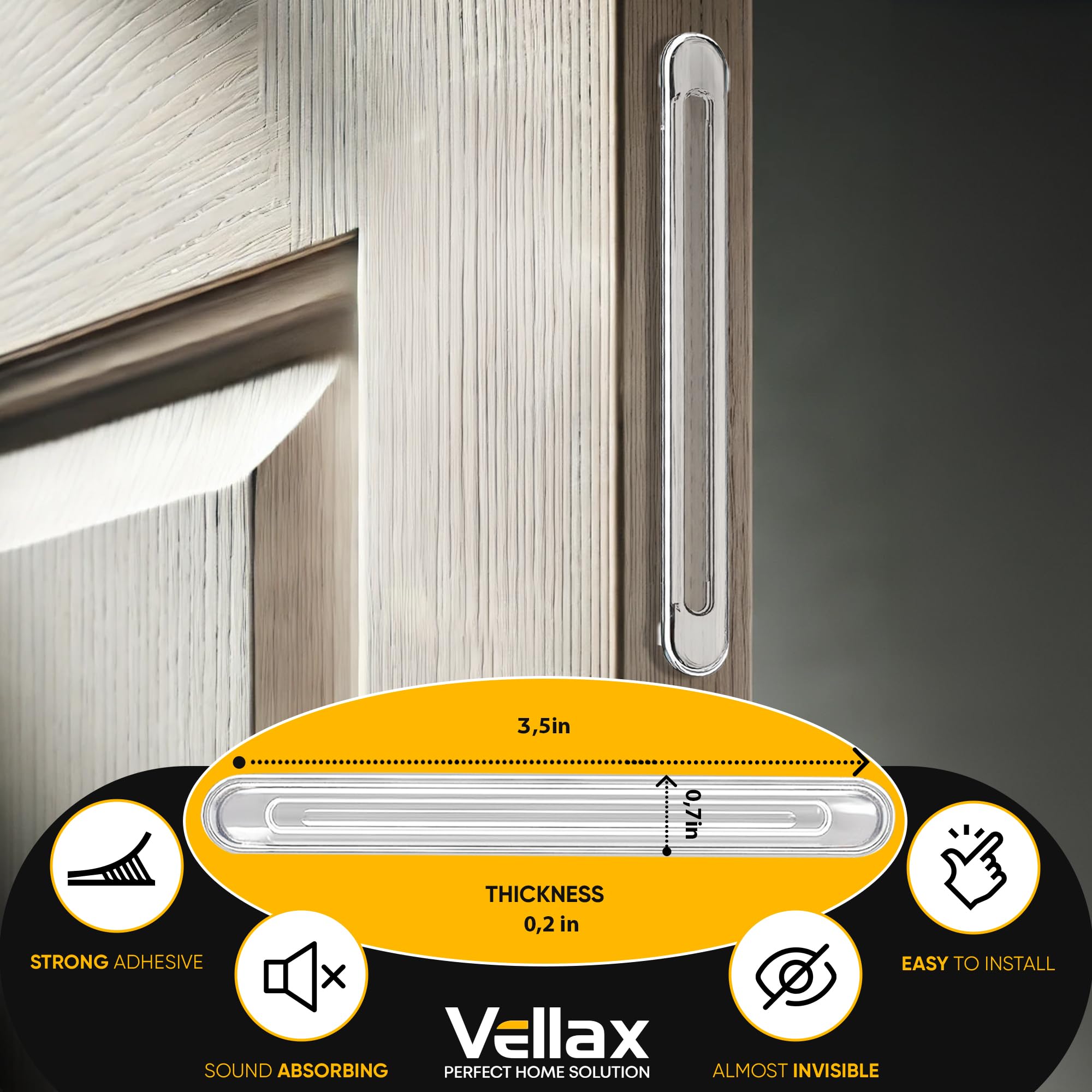 8 Clear Silicone Wall Protector Strips – Self-Adhesive Door Slam Stoppers & Noise Dampening Bumpers for Cabinets, Car, Toilet Lids, Drawers, Shower – 3.5" x 0.7" x 0.2" by Vellax