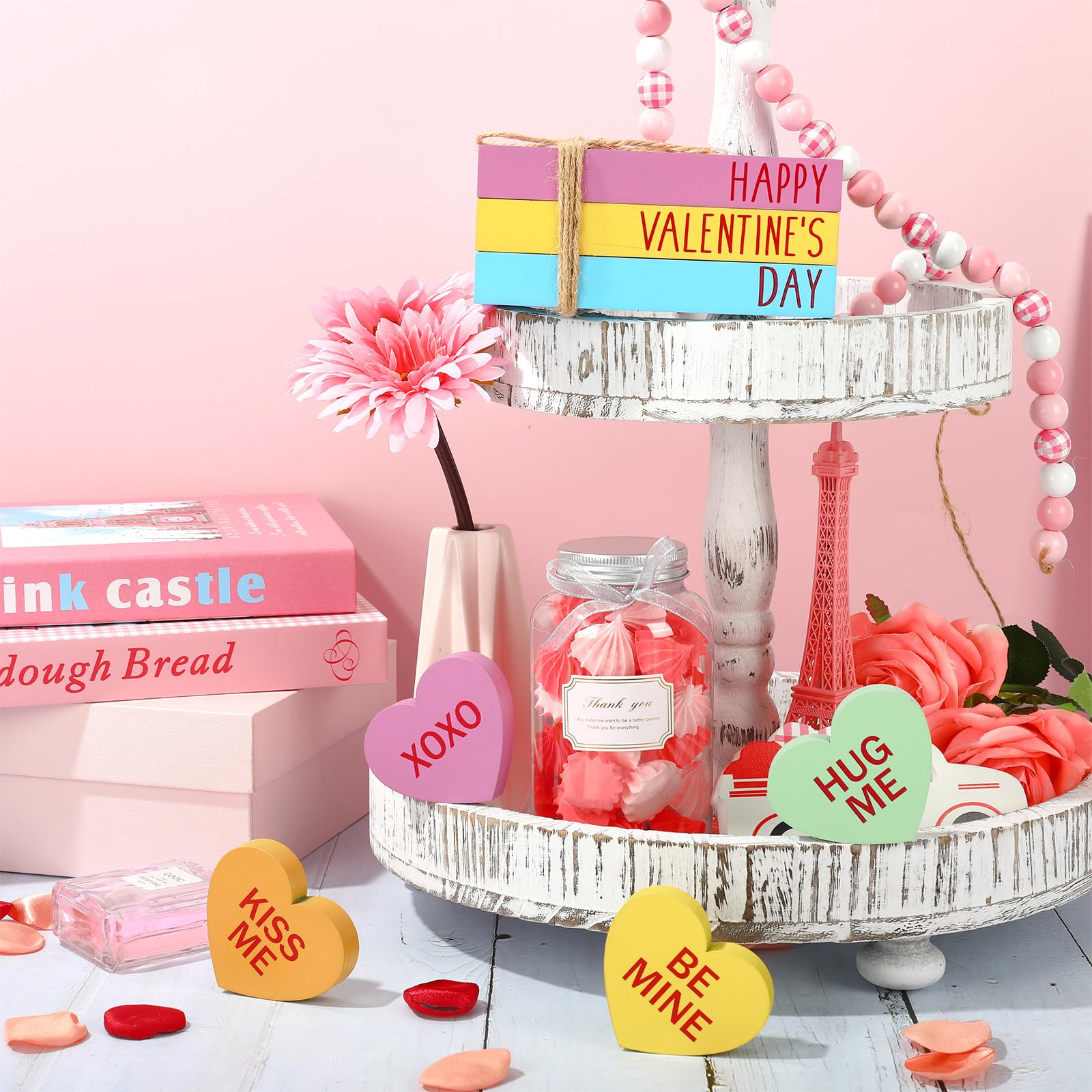 Whaline Valentine's Day Faux Stacked Books Conversation Heart Tiered Tray Decor Candy Decorative Wooden Table Centerpiece Block Signs for Party Home Kitchen Dining Table Decor