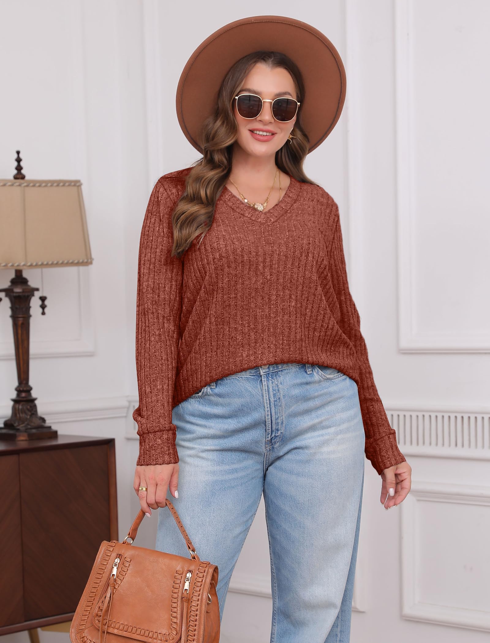 SAMPEEL Fall Clothes for Women Fashion 2024 V Neck Long Sleeve Tops Trendy Cute Sweaters Dressy Casual Outfits Caramel M