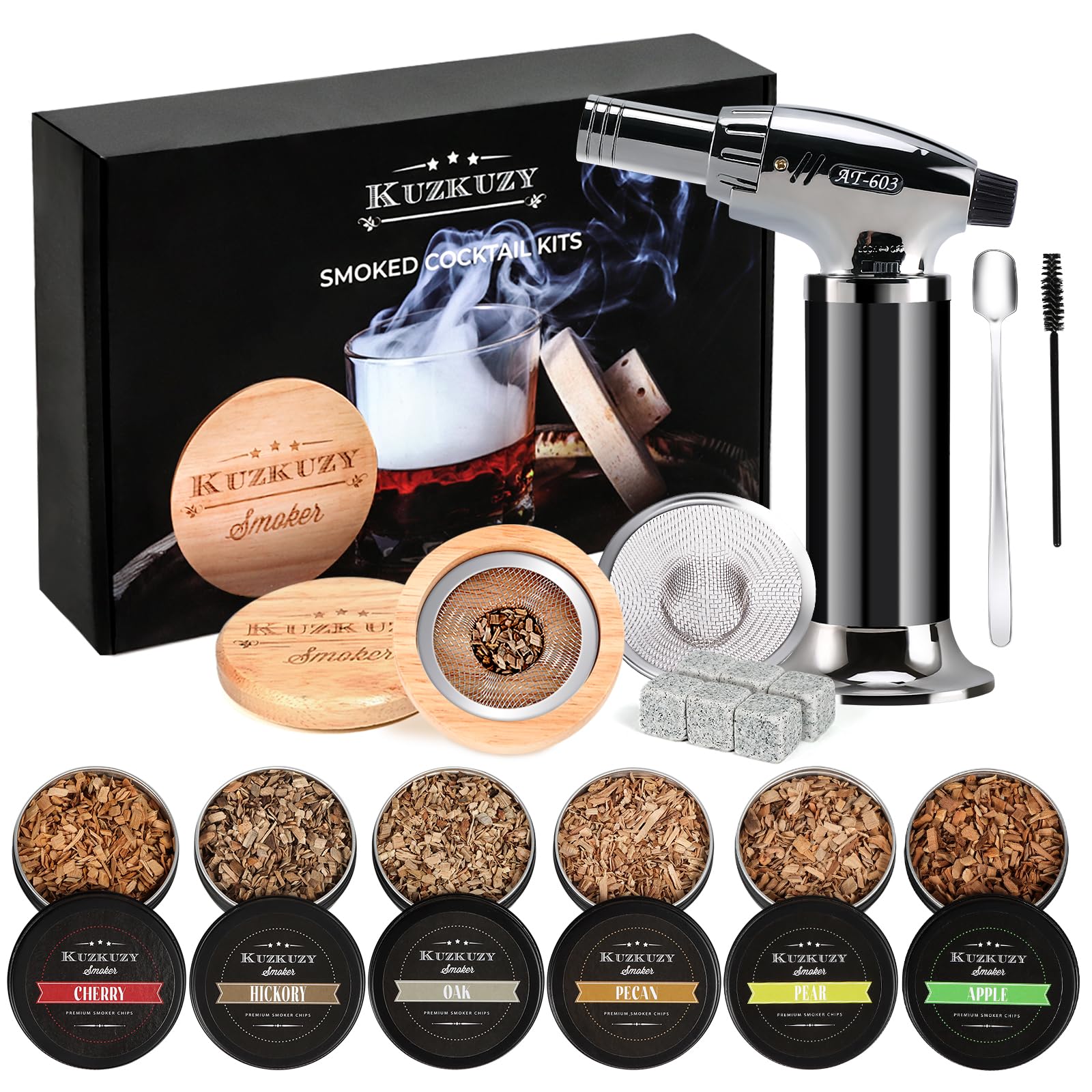 Cocktail Smoker Kit with Torch – 6 Flavors Wood Chips – Bourbon, Whiskey Smoker Infuser Kit, Old Fashioned Drink Smoker Kit, Birthday Bourbon Whiskey Gifts for Men, Dad, Husband (Without Butane)