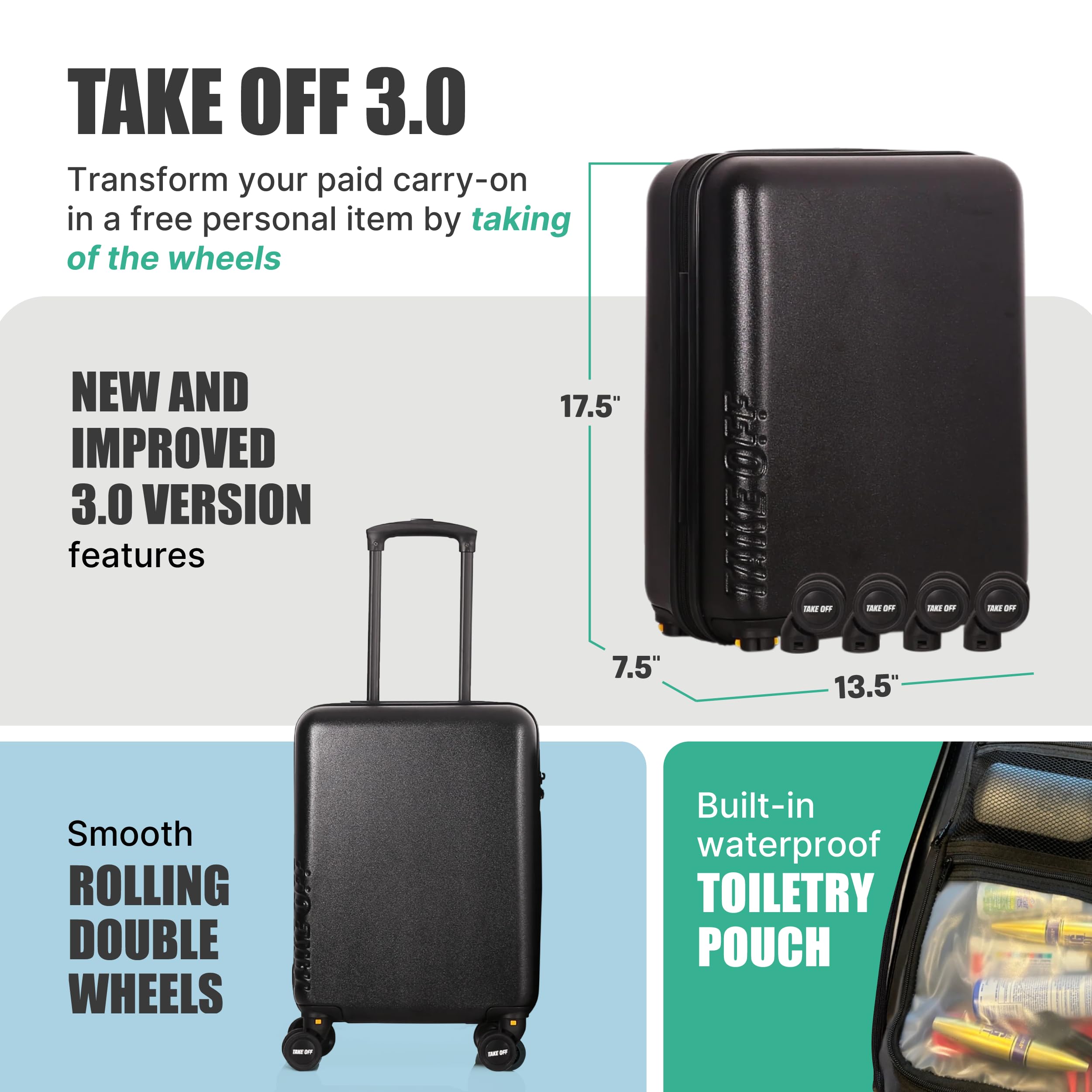 Take OFF Luggage - Personal Item Rolling Suitcase 3.0, TSA Approved, Small Carry On, Under the Seat, Hard Case with Removable Wheels, Light Weight Bag, Airplane Travel Essential Accessories, 18x14x8