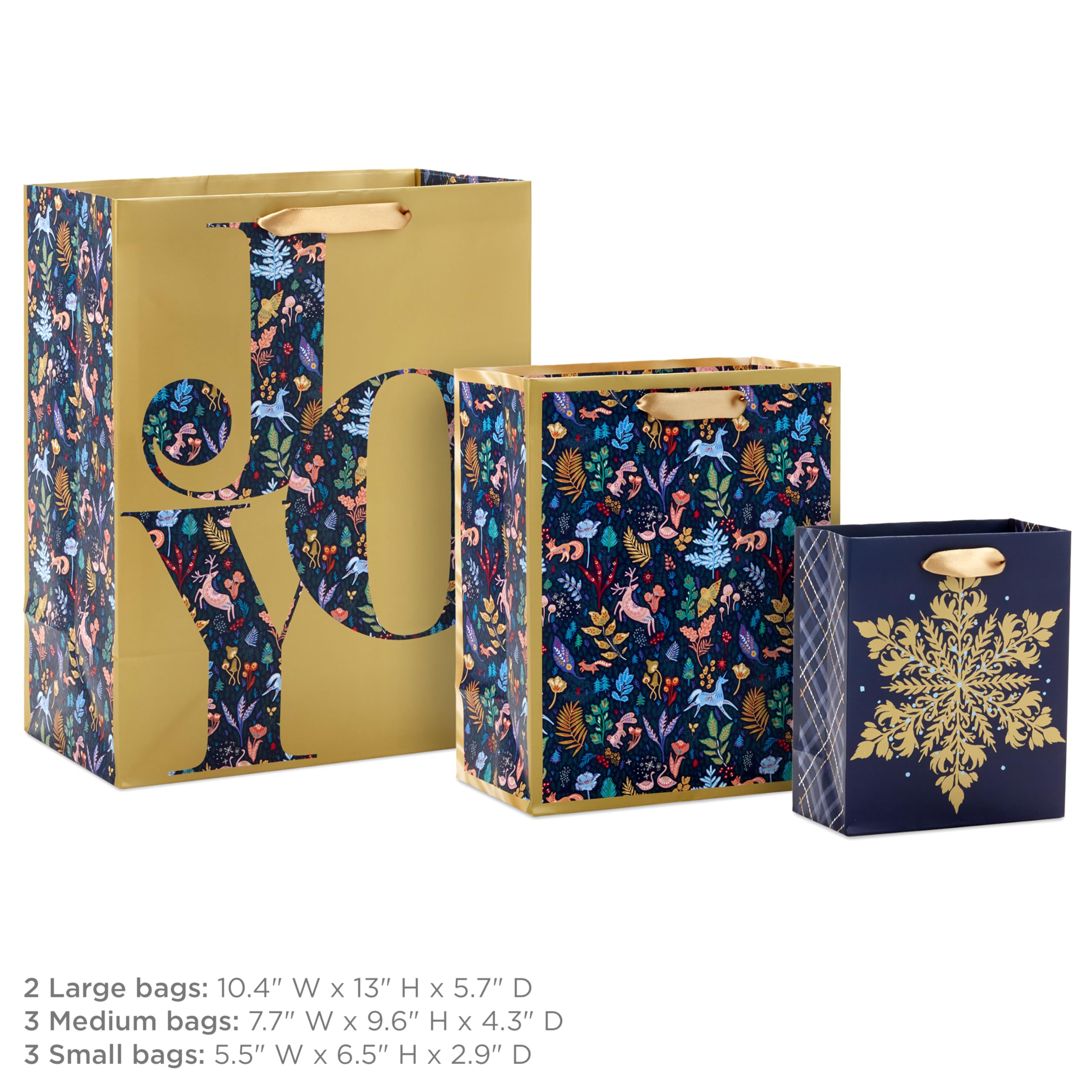 Hallmark Assorted Holiday Gift Bags (8 Bags: 3 Small 6", 3 Medium 9", 2 Large 13") Winter Woodland Joy, Navy Blue, Gold