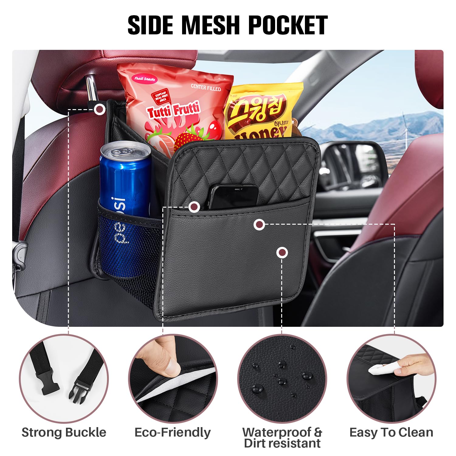 LXUNYI Car Organizer Back Seat, Waterproof Pu Leather Car Seat Storage Bag Foldable Universal Hanging Seatback Organizer for Kids & Adults Travel road Trip Essentials