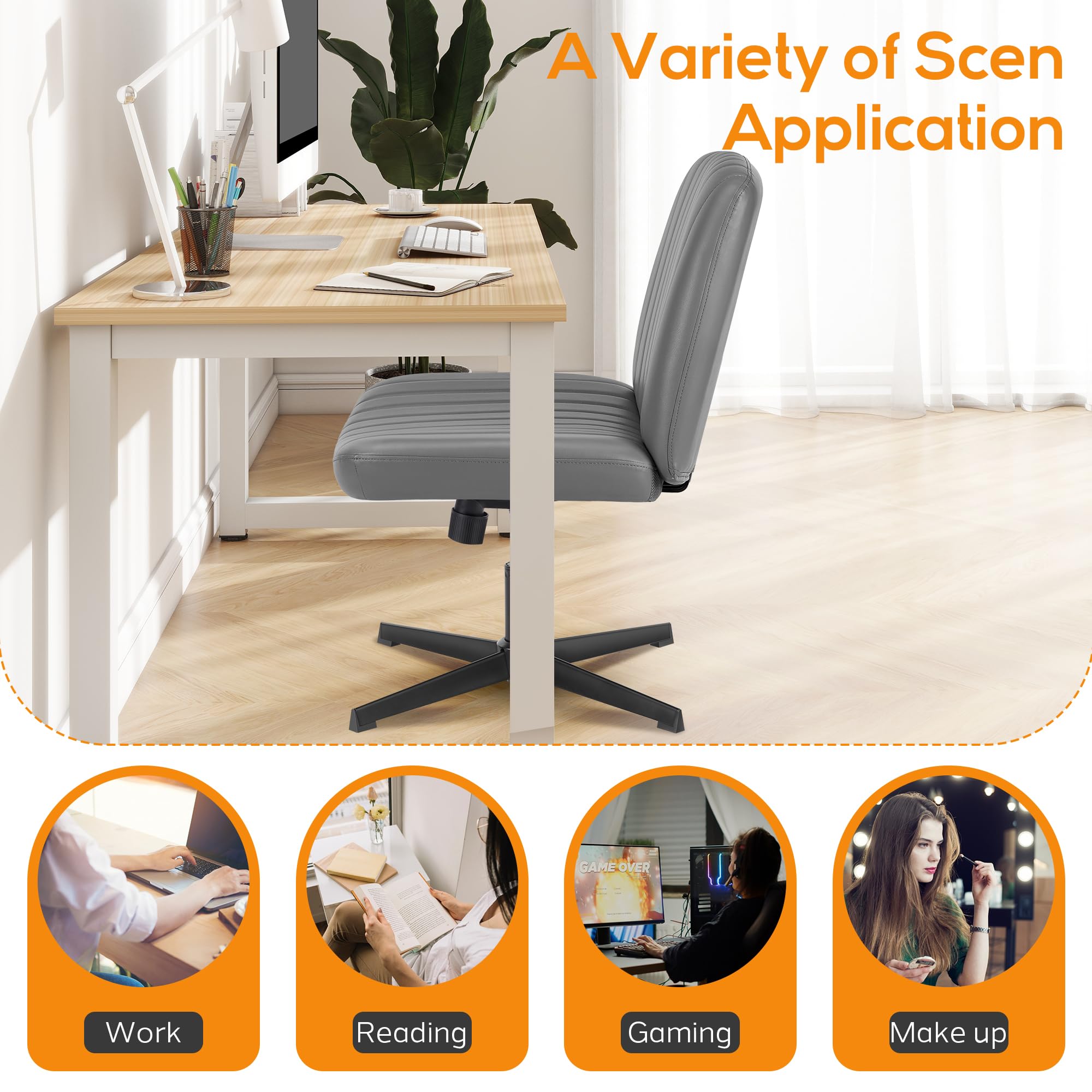 DUMOS Criss Cross Legged Office, Wide Comfty Desk, Wheels Armless Computer Task, Swivel Vanity Home Chair, Height Adjustable, Roman Silver