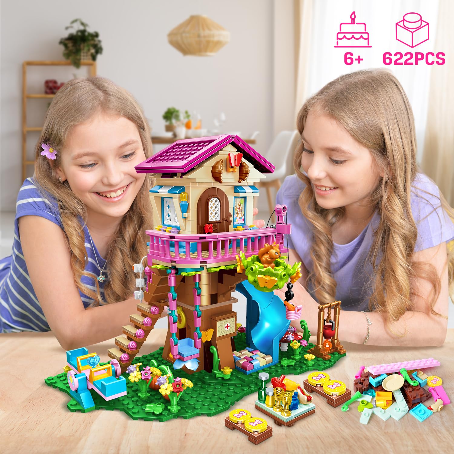 HOGOKIDS Tree House Building Set with LED Light - 622pcs Treehouse Building Blocks Toys, Forest Up House Building Kit with Slide, Birthday Gifts for Kids Girls Boys Age 6 7 8 9 10 11 12+