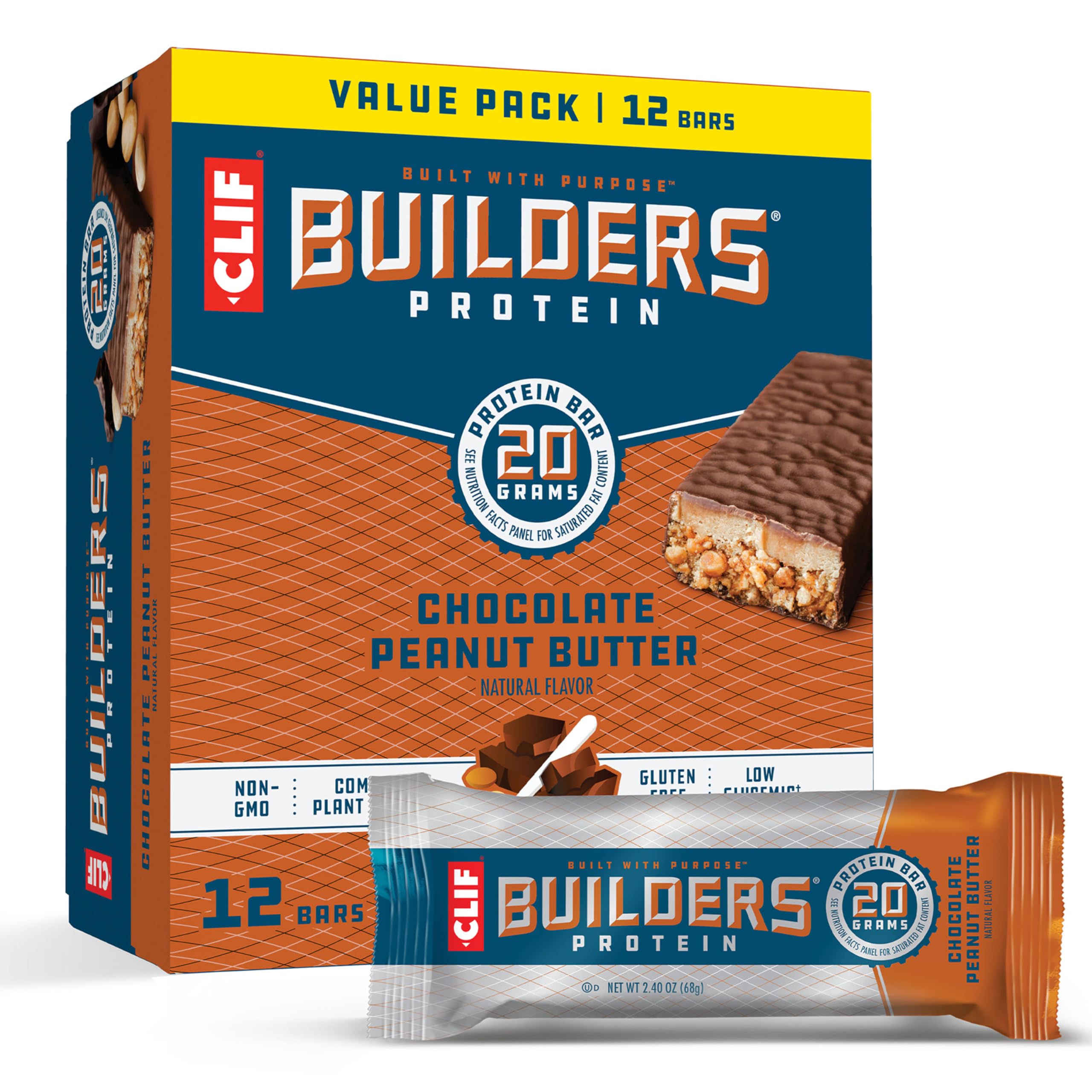 CLIF Builders - Chocolate Peanut Butter Flavor - Plant Based Protein Bars - Gluten Free - Non-GMO - Low Glycemic - 20g Protein - 2.4 oz. (12 Pack)