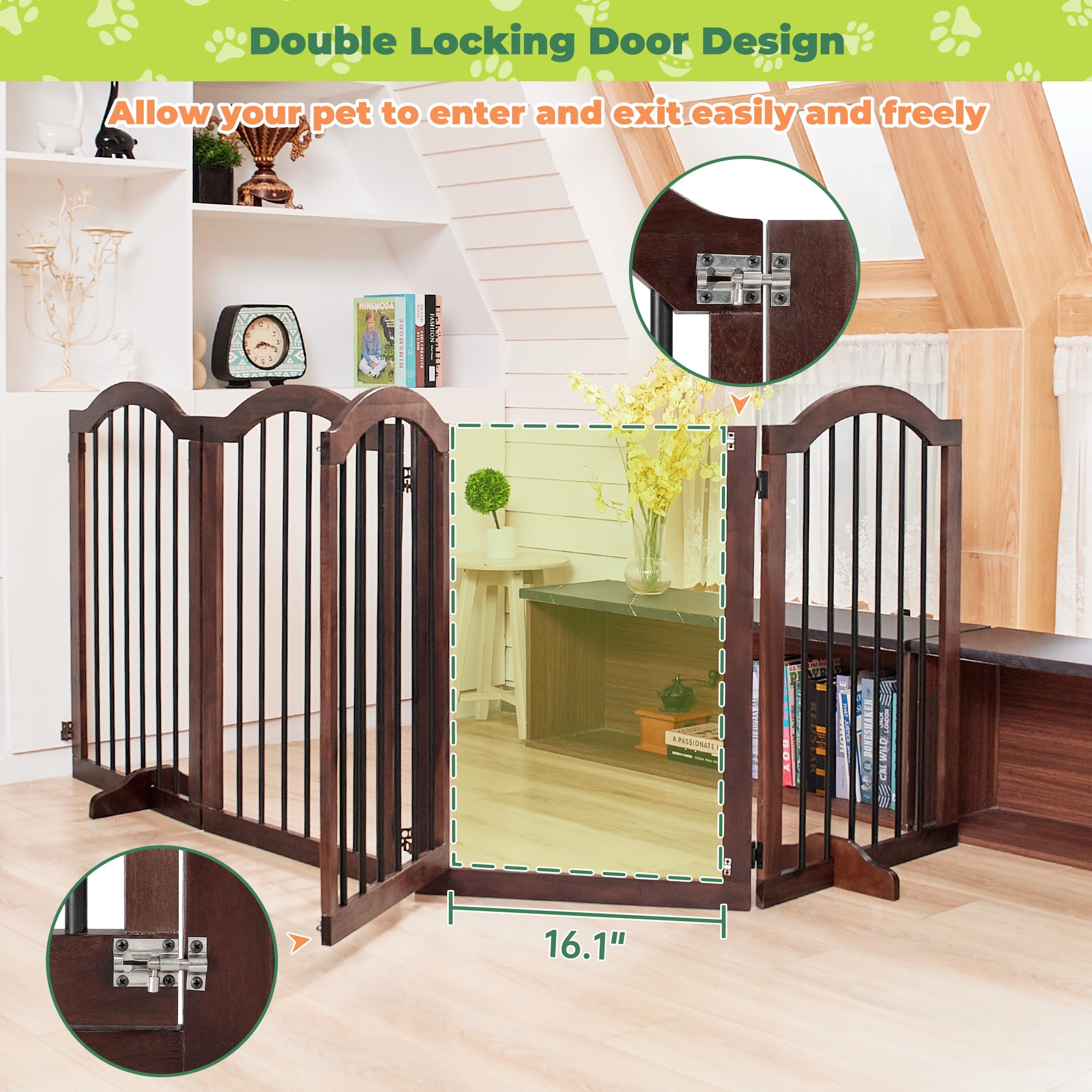 PrimeZone 120" Extra Wide Dog Gate - 6-Panel 30" Tall Solid Acacia Wooden Freestanding Puppy Gates with Door, Foldable Indoor Pet Fence for Doorways, Stairs, Support Feet Included, Brown