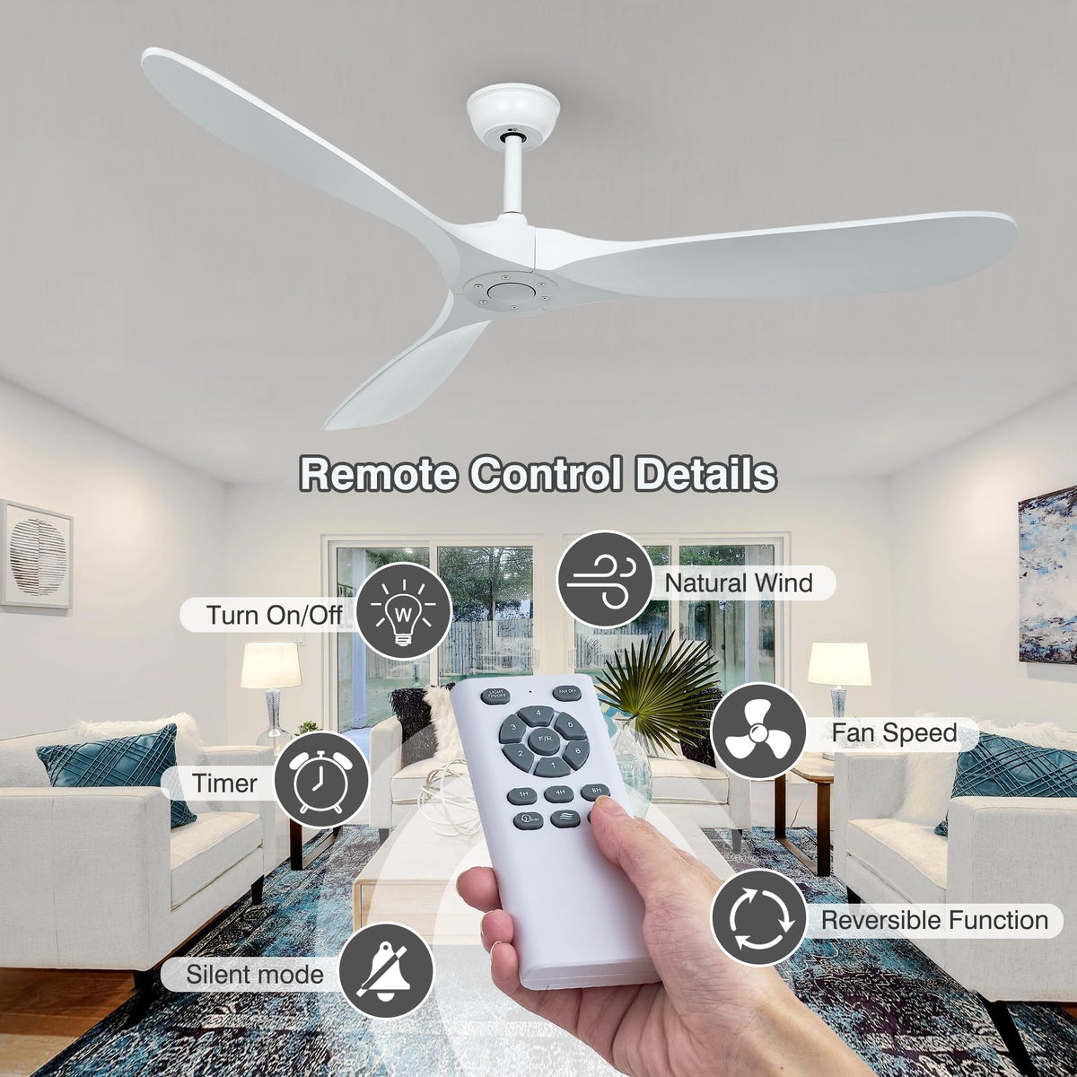 HUMHOLD 60" Wood Ceiling Fan no Lights with Remote, Reversible DC Motor 6-Speed Ceiling Fan, 3 Wood Fan Blades White Ceiling Fan without Light, Modern Propeller Ceiling Fans for Bedroom/Living Room