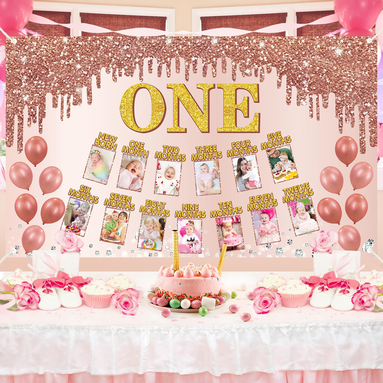 Uiorgui 1st Birthday Photo Banner Decorations for Baby Girls, Pink Rose Gold First Birthday Decor 1 Year Old Birthday Backdrop Party Supplies for 1 to 12 Month Girl