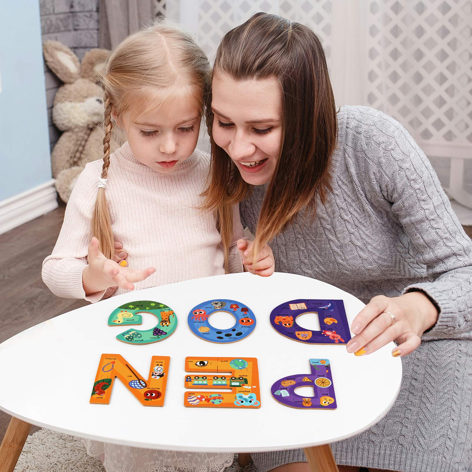 SYNARRY Wooden Alphabet Puzzles for Kids Ages 3-5, ABC Learning for Toddlers Ages 3+, Sight Words Letter Puzzles Montessori Toys Educational STEM for Preschool Boys Girls Kids Gifts