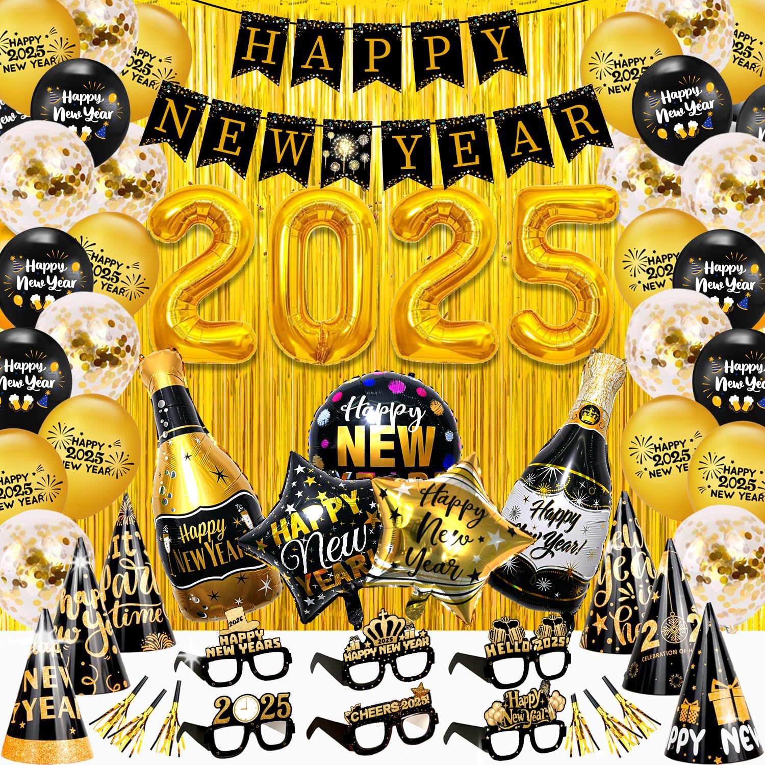 New Years Eve Party Supplies 2025 Including 2025 Foil Balloons,Happy New Year Banner, Balloons Set, Hat and Party Glasses for 2025 Happy New Year Decoration