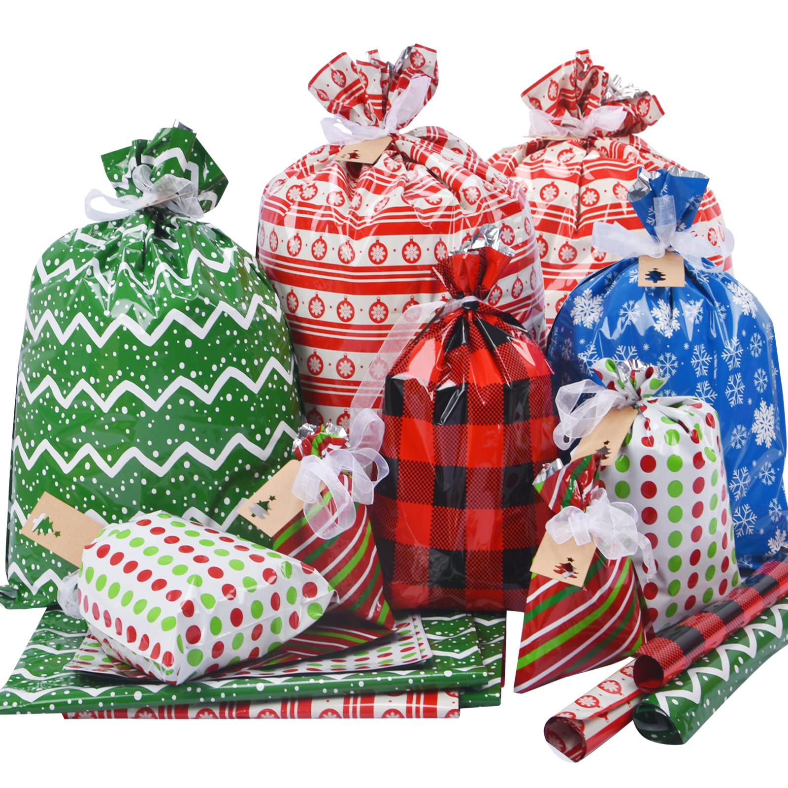 Christmas Gift Bags Assorted Sizes, 34pcs Christmas Bags for Gifts- Small/Medium/Large Xmas Gift Bag Drawstring Bulk Presents Wrapping Paper Bags, Reusable Holiday Plastic Gift Bags with Ribbon Ties