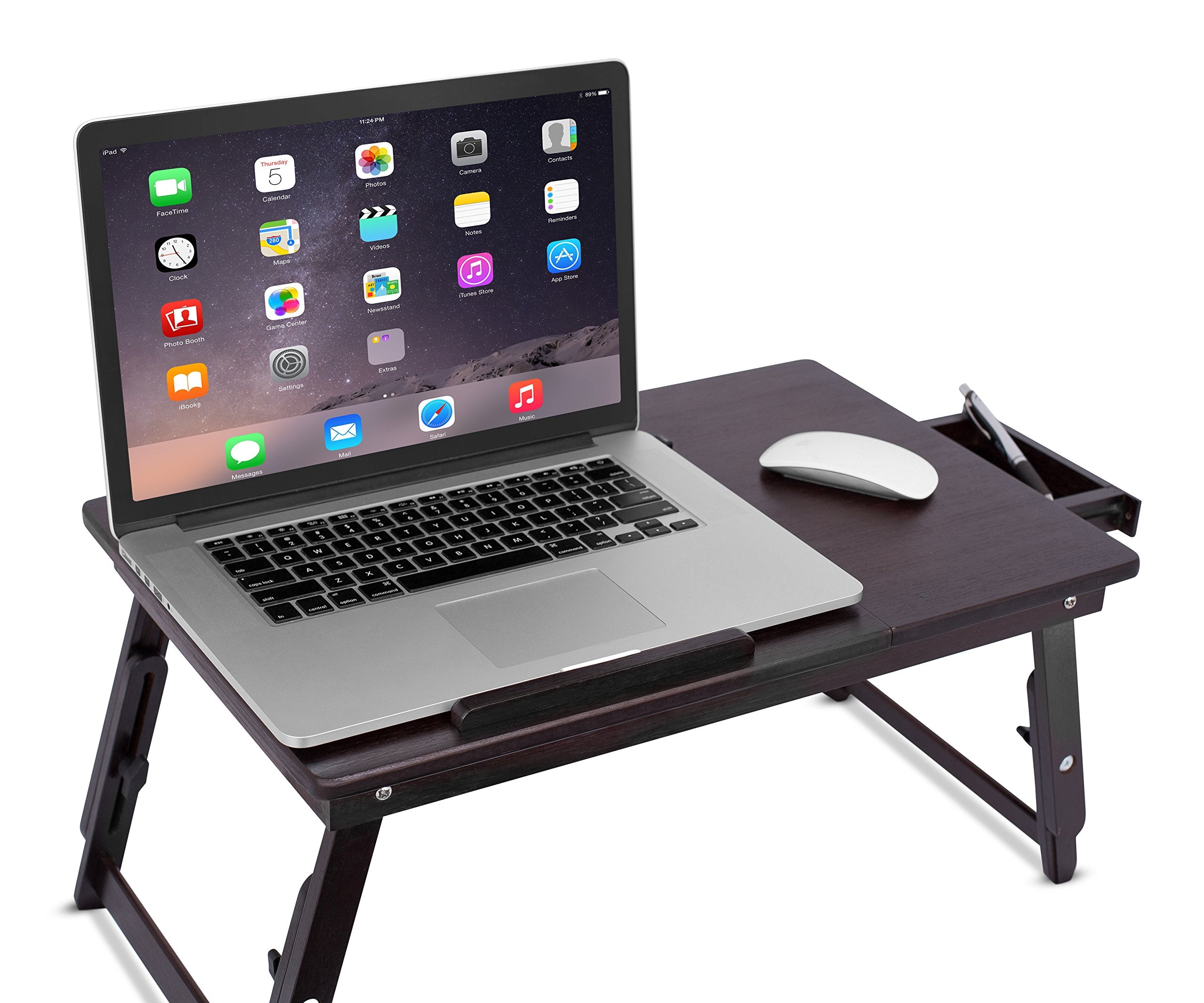 Sofia + Sam Multi Tasking & Ventilated Lap Desk | Folding & Standing Adjustable Wooden Laptop Bed Tray - Table w/Legs | Magnetic Pullout Drawer & Charger Storage | Fits Laptops Up to 15" | Walnut