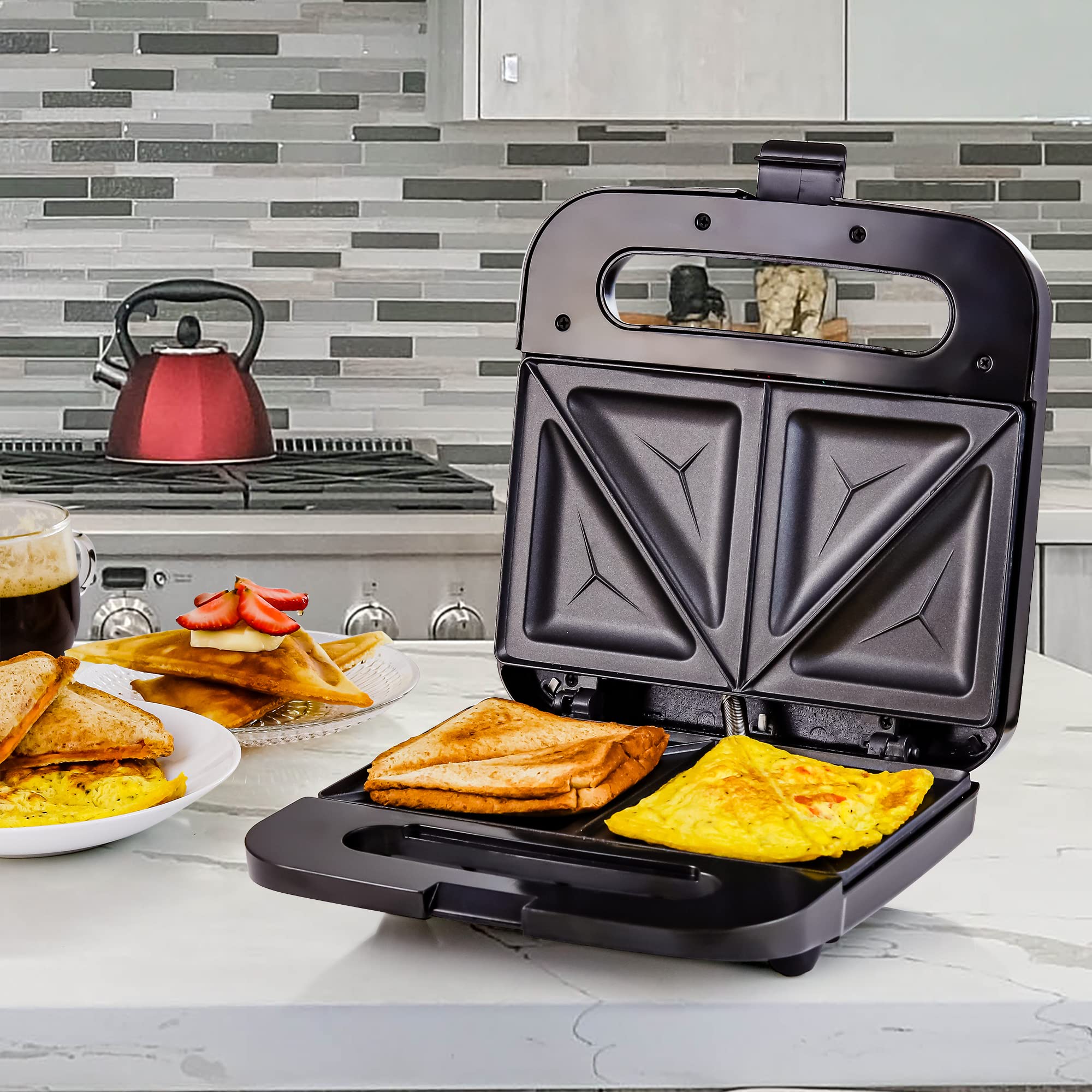 OVENTE Electric Sandwich Maker with Non-Stick Plates, Indicator Lights, Cool Touch Handle, Easy to Clean and Store, Perfect for Cooking Breakfast, Grilled Cheese, Tuna Melts and Snacks, Black GPS401B