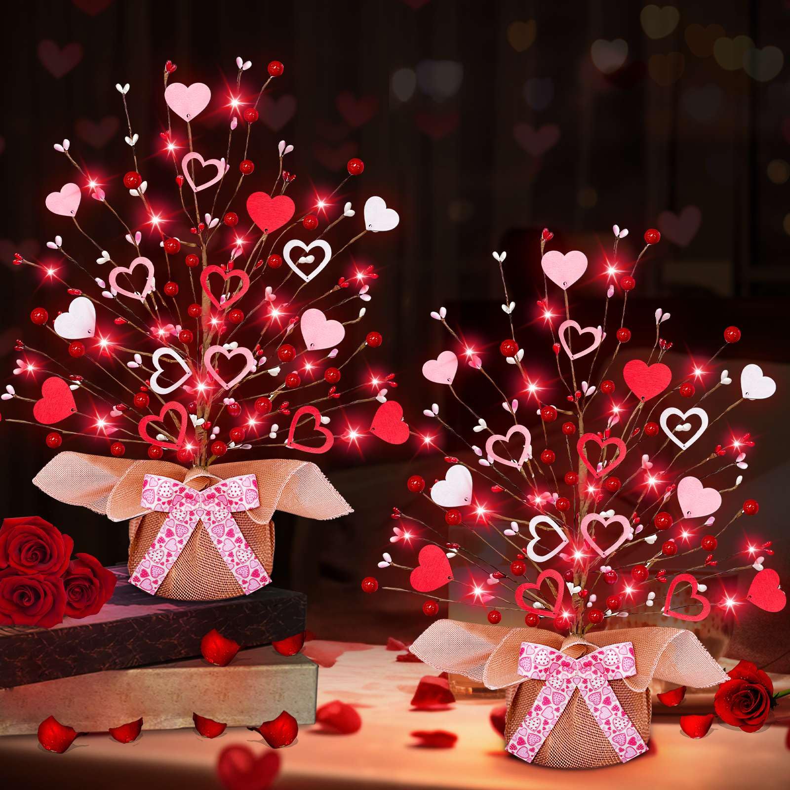 TURNMEON 2 Pack Valentine's Day Tree Tabletop Decorations 20 Red Lights Battery Operated 16 Inch 14 Red Pink Heart 32 Red Berries Valentines Decorations Home Table Bedroom Indoor Party Wedding Decor