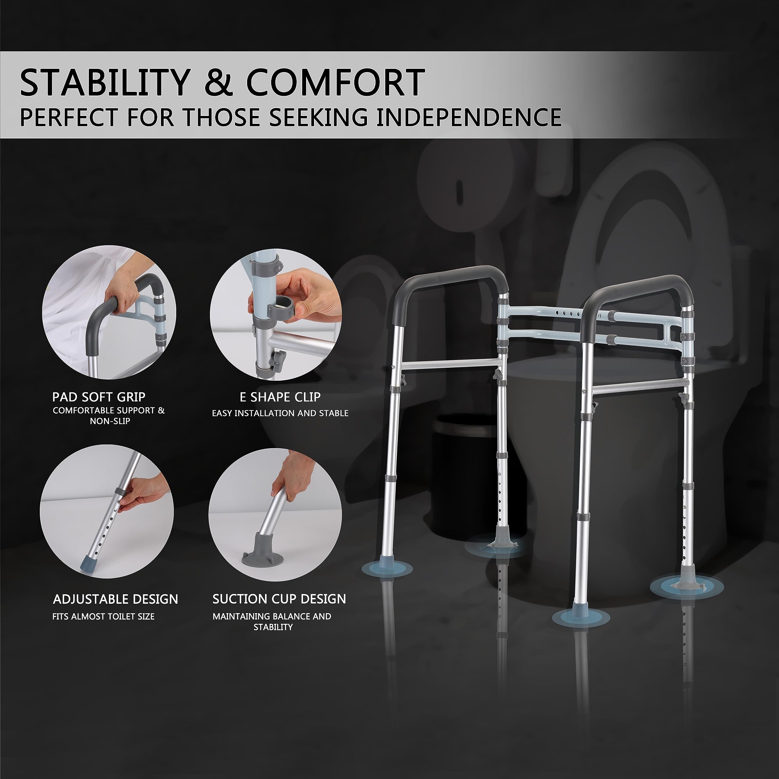 FSA/HSA Eligible Toilet Safety Rails, Adjustable Toilet Safety Frame for Elderly, Seniors, Handicap & Disabled, Toilet Frame with Handles, Foldable Handicap Toilet Rails Fit Any Toilets (300 LB)