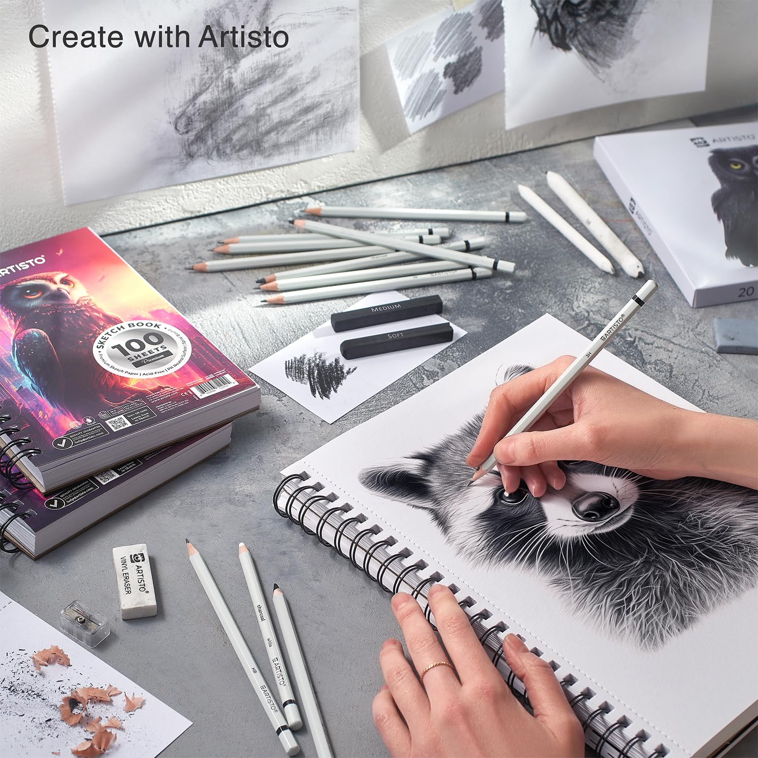 Artisto Drawing and Sketching Pencil Art Set (20 Items): Complete Kit with Graphite Pencils, Charcoal Pencils, Sticks, Blending Stumps, Erasers, and Sharpeners