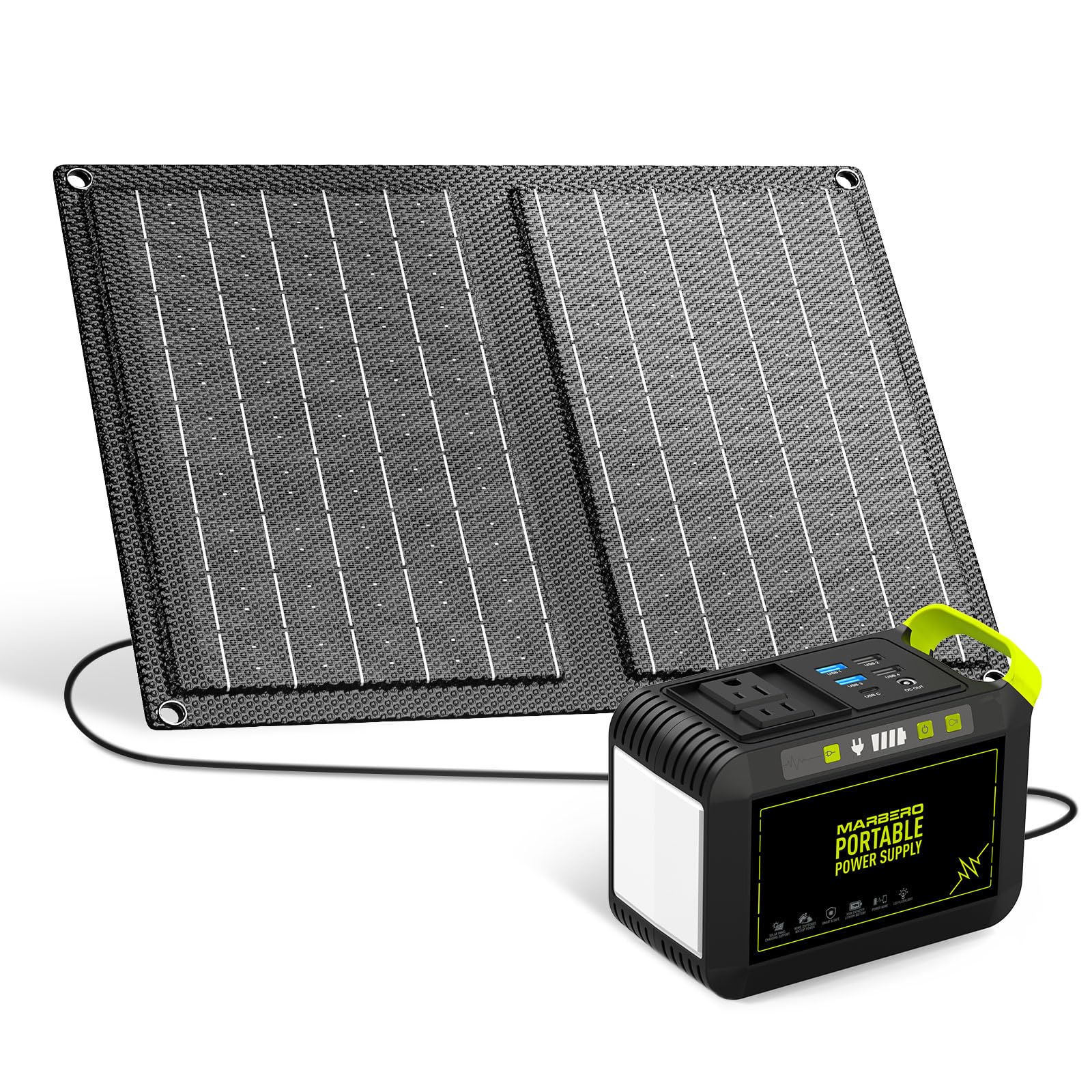 MARBERO Camping Solar Generator 88Wh Portable Power Station 120W Peak Generator with Solar Panel Included 21W, AC, DC, USB QC3.0, LED Flashlight for Outdoor Home Camping Fishing Emergency Backup